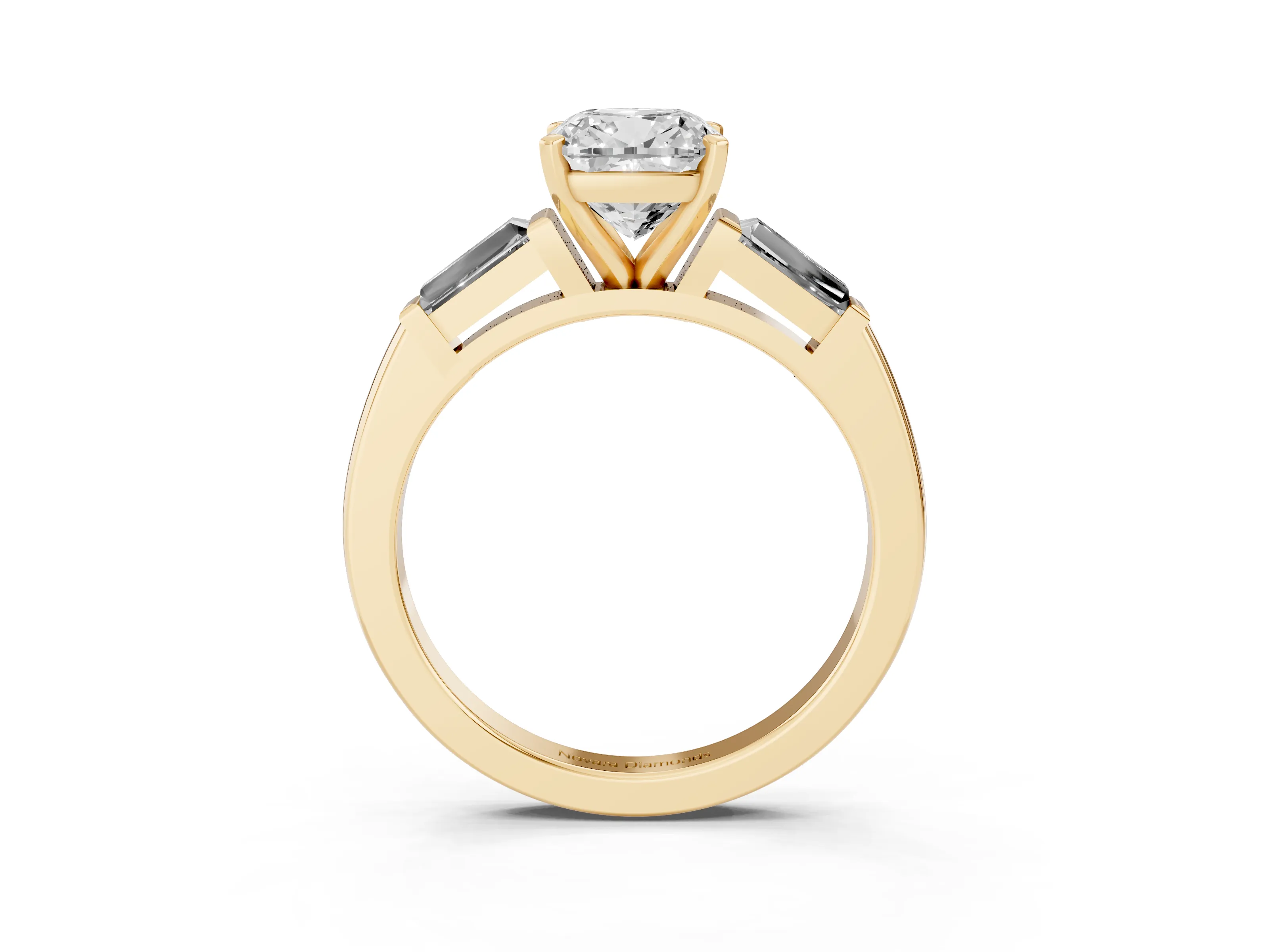 Cushion Cut Diamond Solitaire Ring Set in Yellow gold with Tapered Baguette Side Stones and Prong Setting