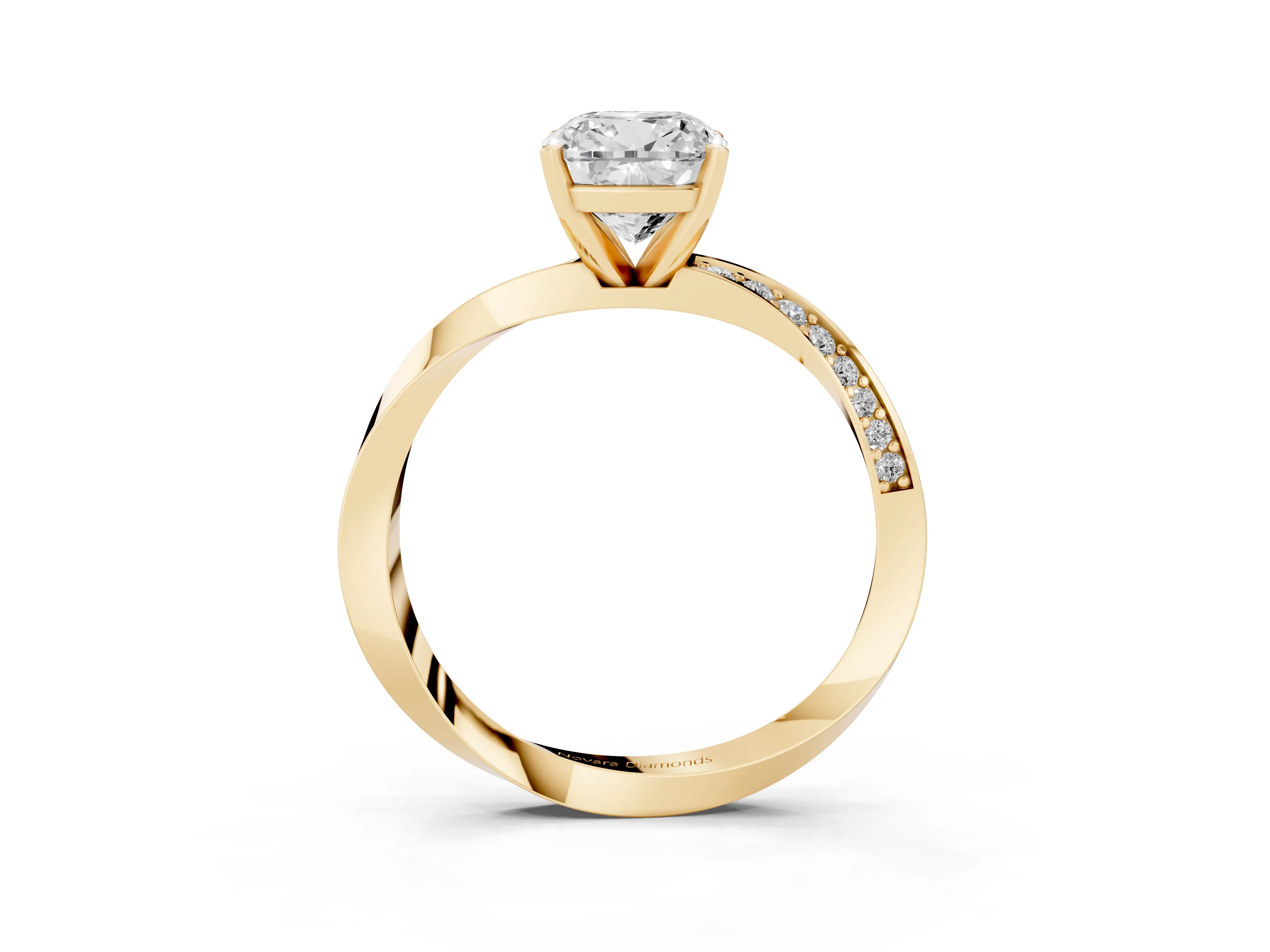 Cushion Cut Diamond Engagement Ring Set in Yellow gold with Side Stone Accents and Prong Setting