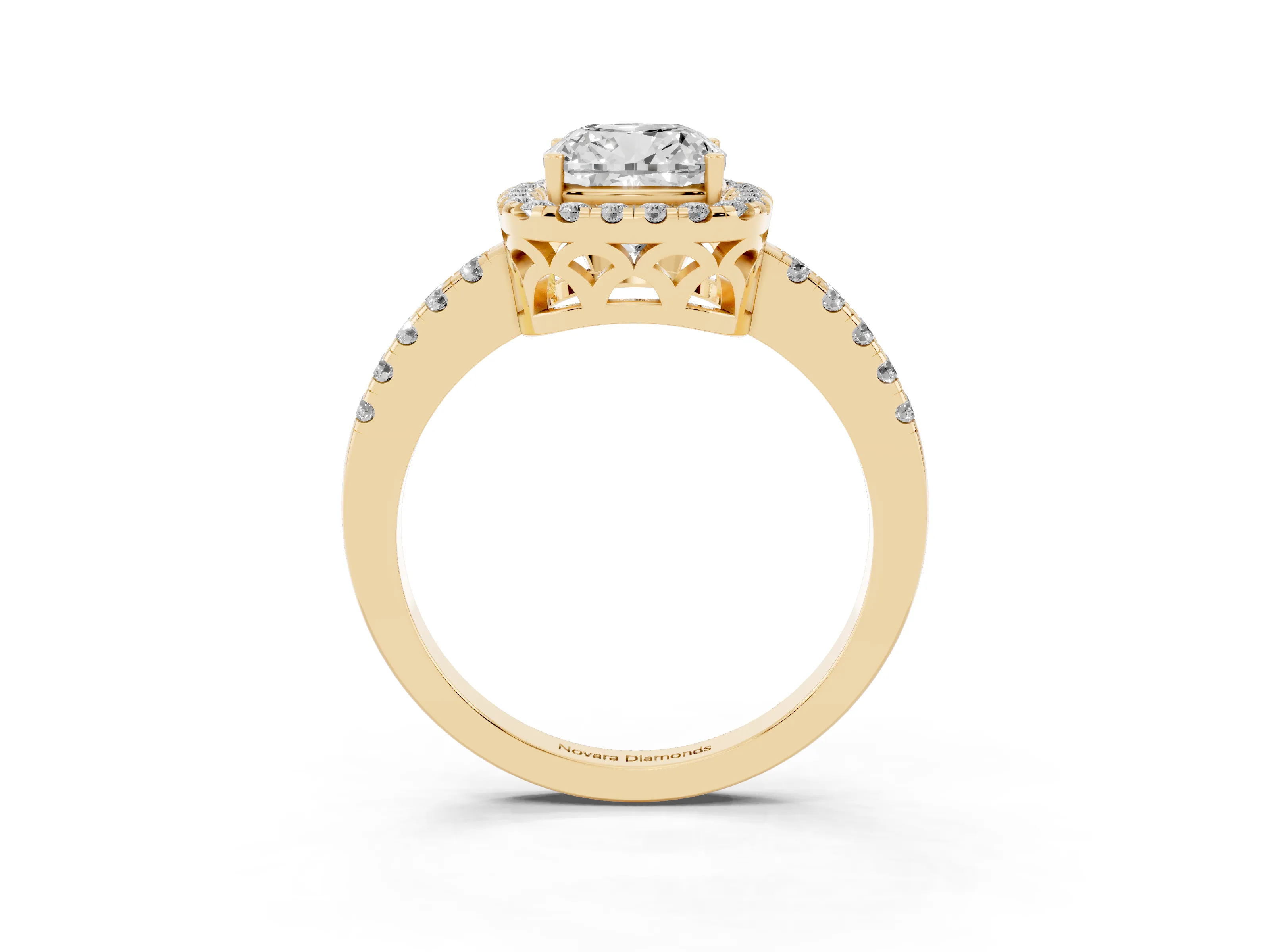 Cushion Cut Diamond Pavé Band Halo Engagement Ring Set in Yellow gold with Prong Setting