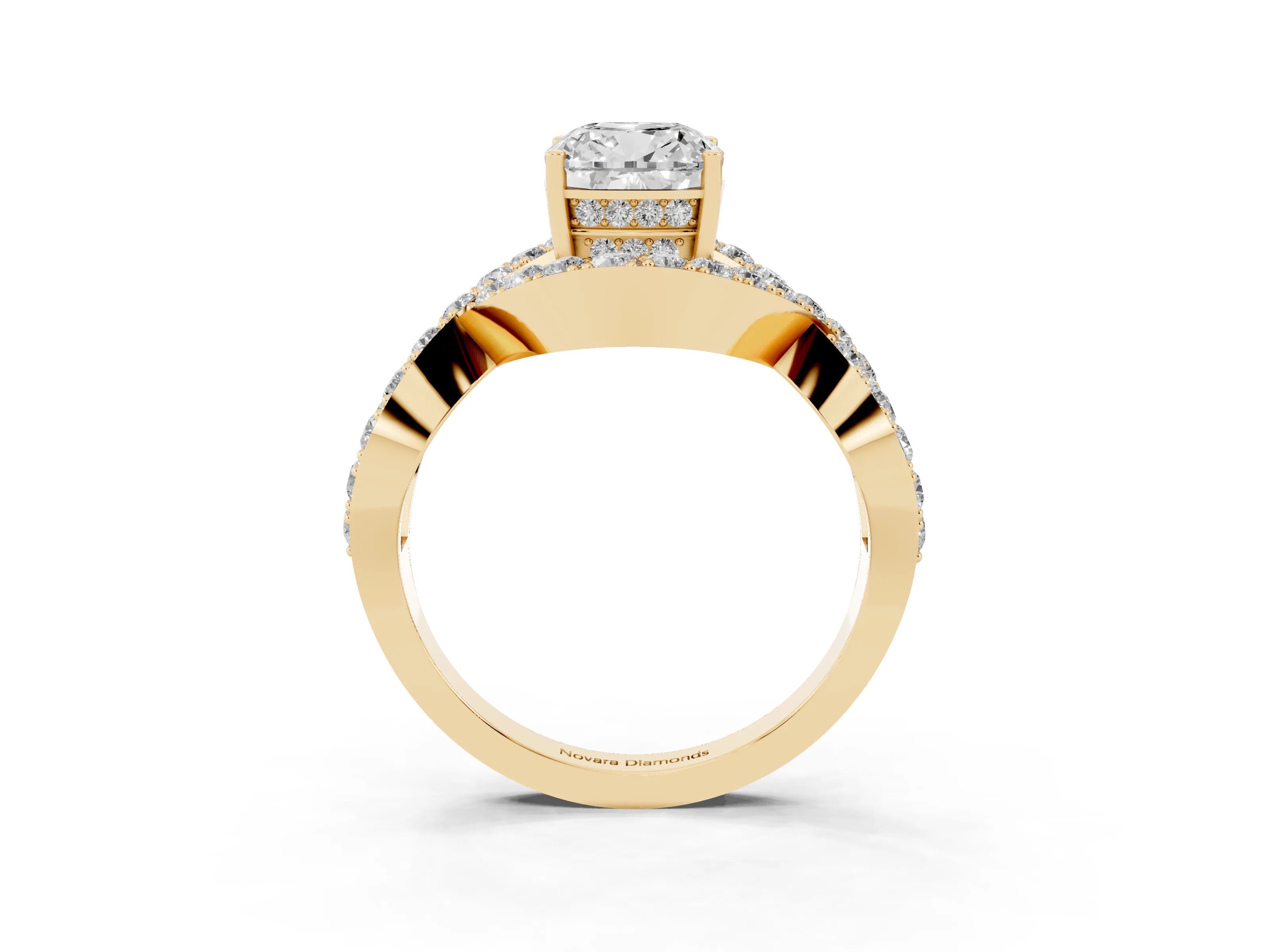 Cushion Cut Diamond Solitaire Twist Band Pavé Engagement Ring Set in Yellow gold