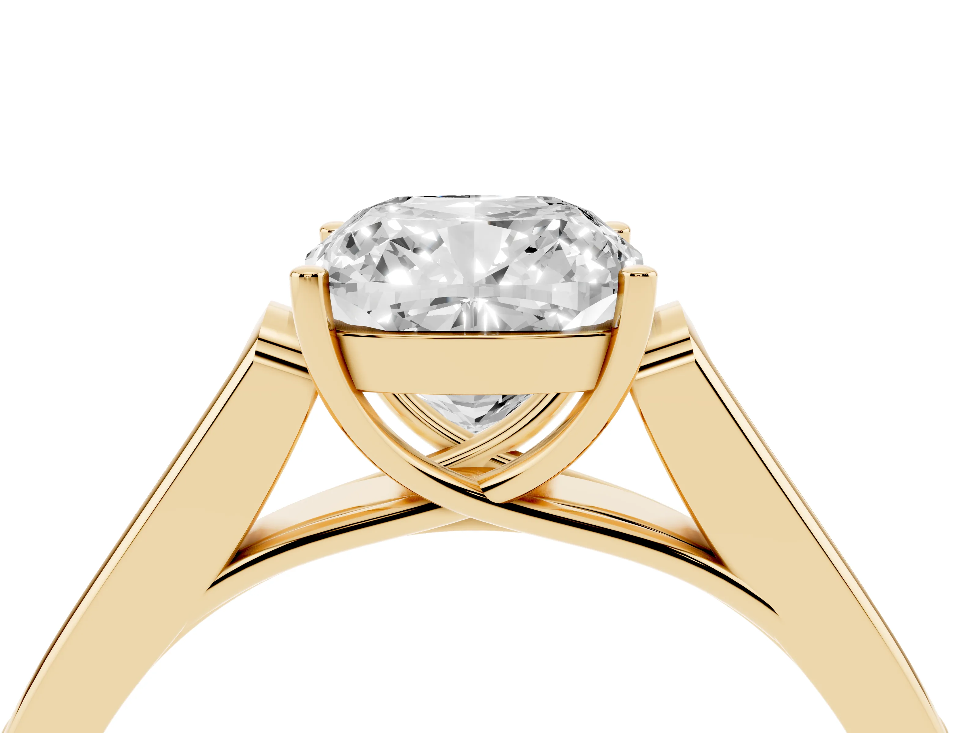 Cushion Cut Diamond Solitaire Cathedral Engagement Ring Set in Yellow gold with Channel-Set Band and Prong Setting
