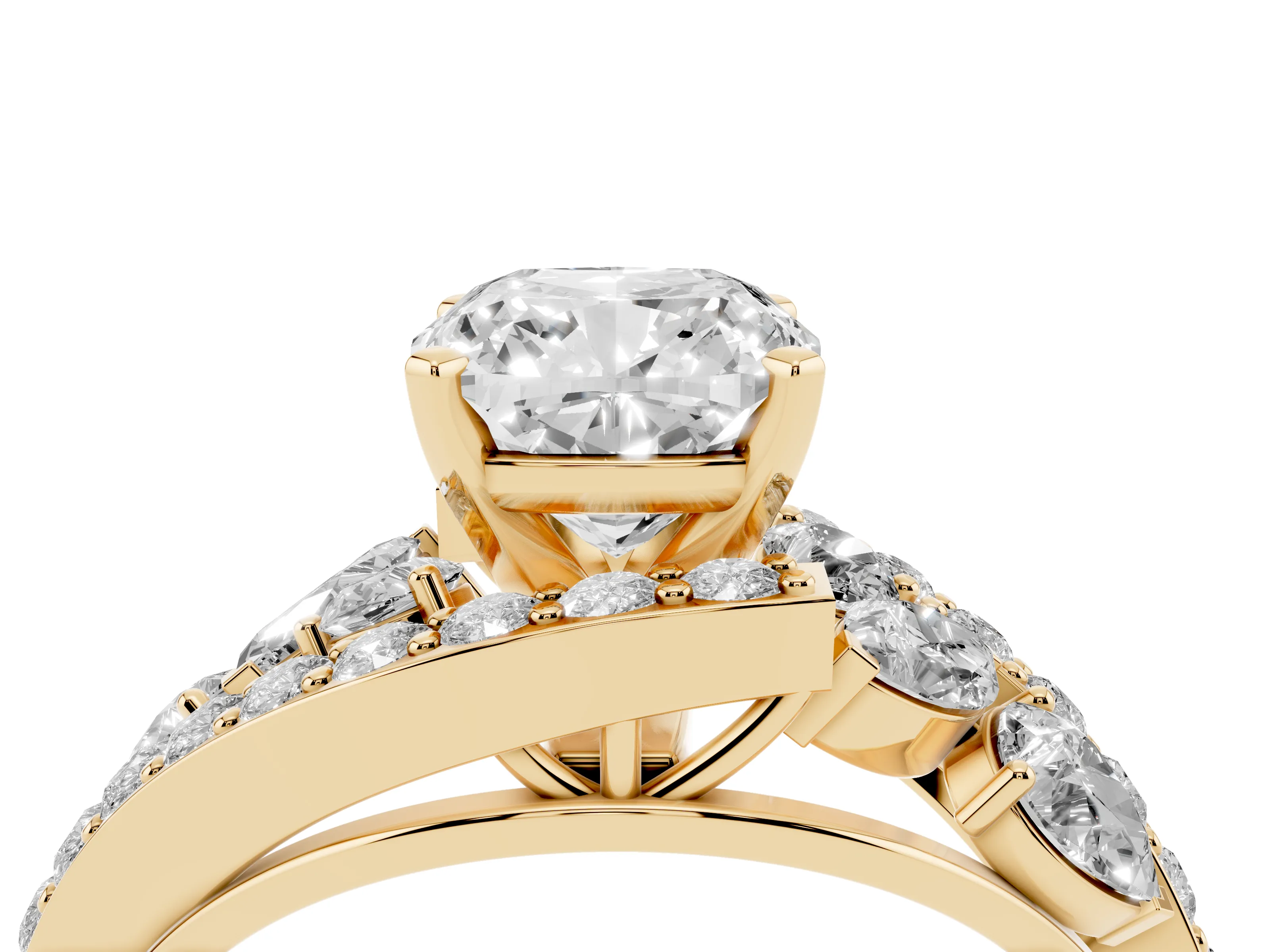 Cushion Cut Diamond Halo Ring Set in Yellow gold with Marquise and Pavé Band in Prong Setting