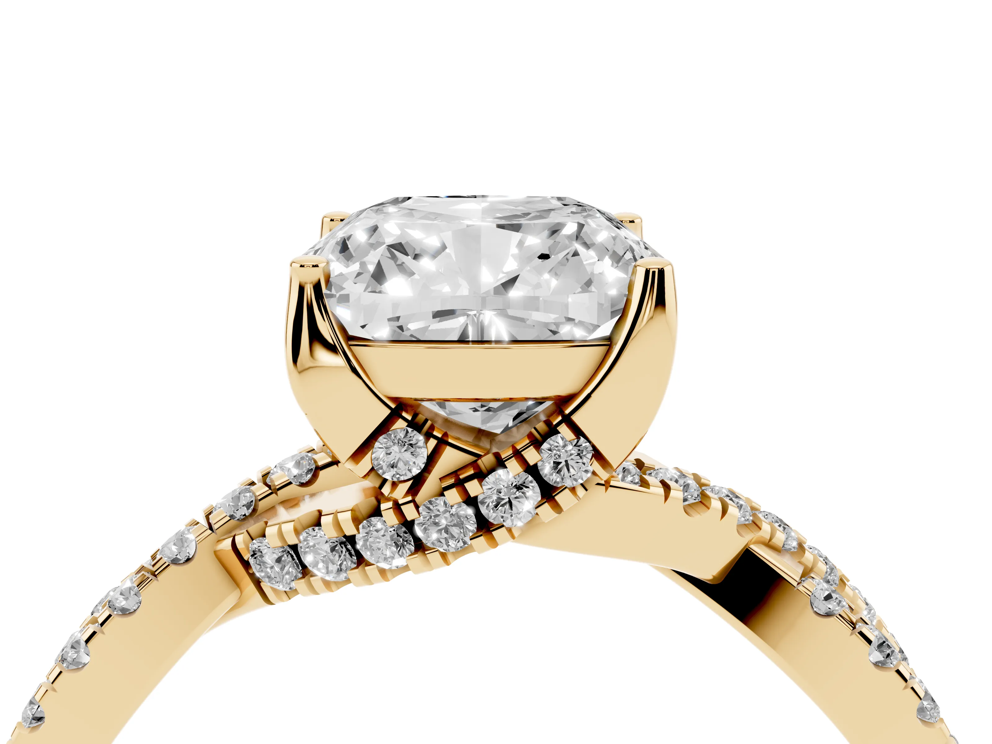Cushion Cut Diamond Twist Pavé Solitaire Engagement Ring Set in Yellow gold with Prong Setting