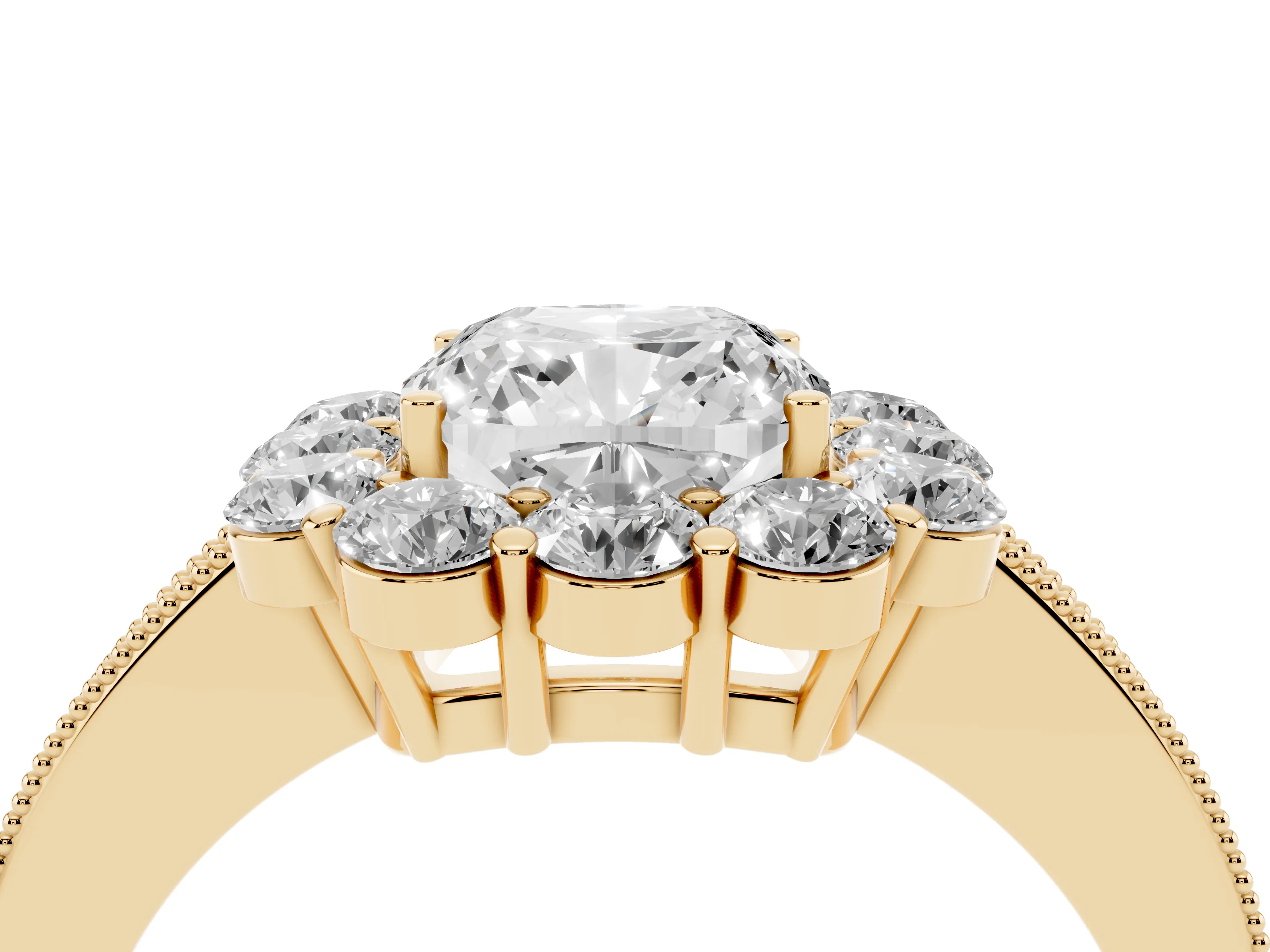Cushion Cut Diamond Halo Pavé Engagement Ring Set in Yellow gold with Milgrain Detailing