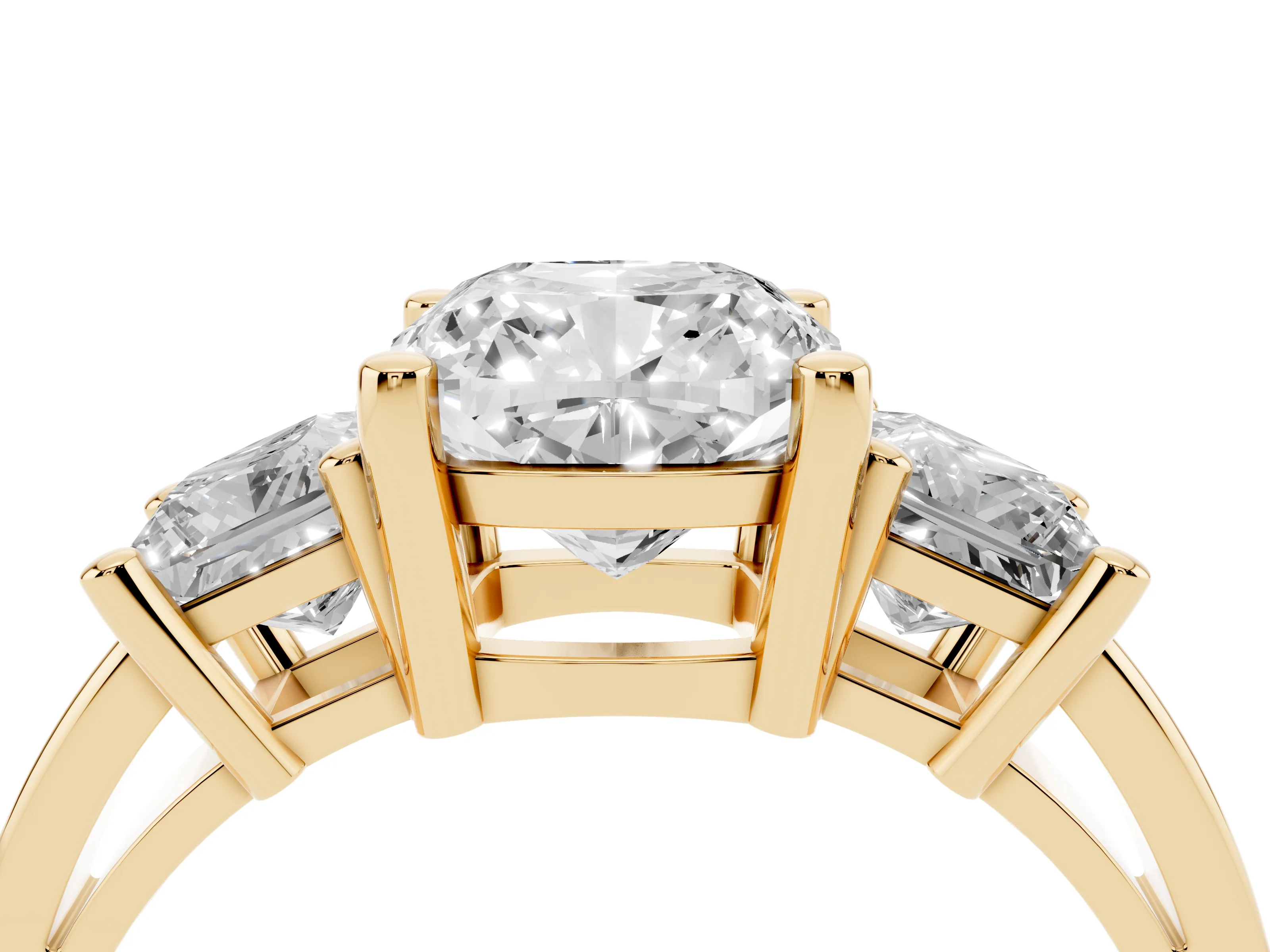Three-Stone Cushion Cut Diamond Solitaire Ring Set in Yellow gold with Prong Setting