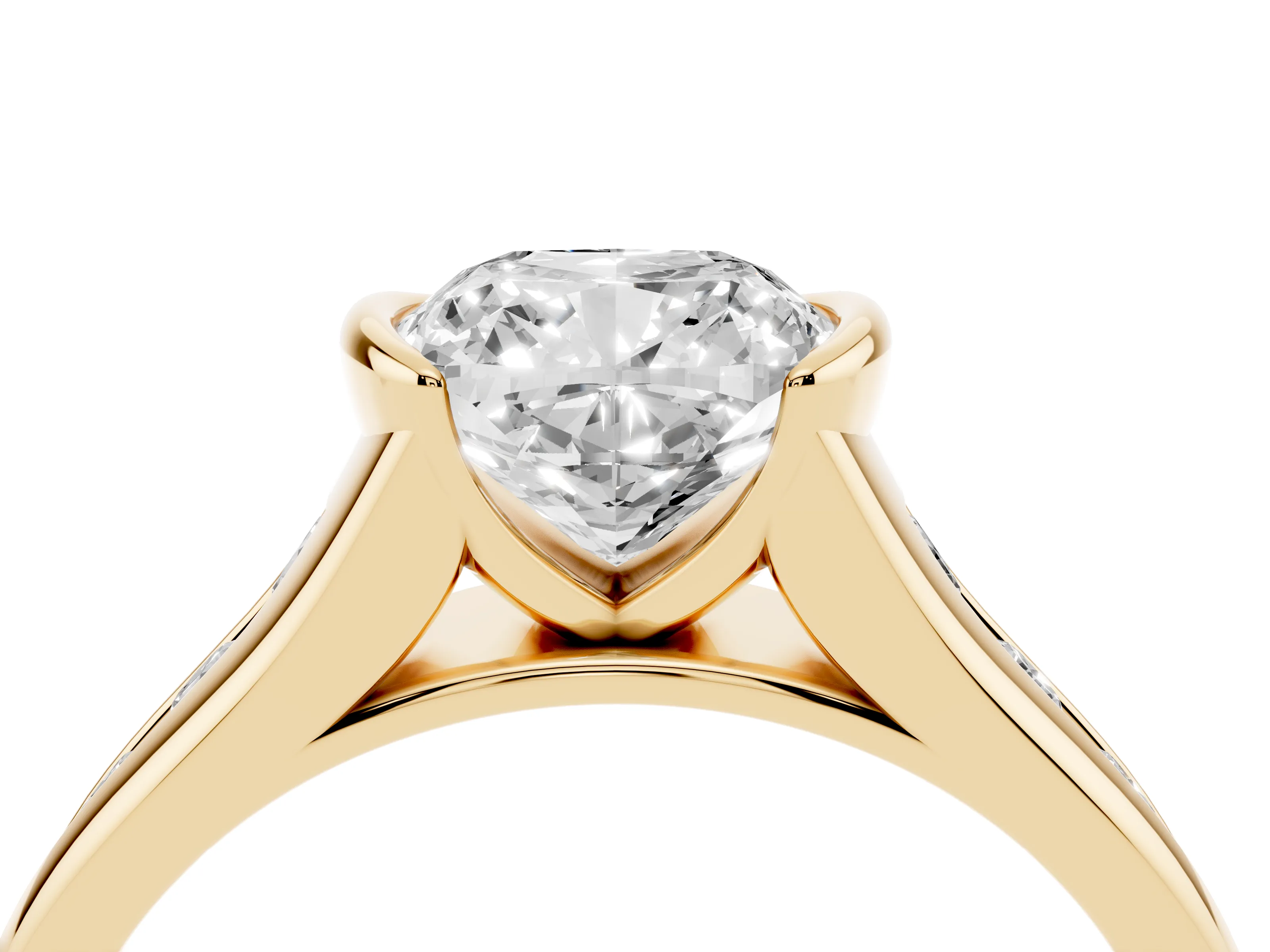 Cushion Cut Diamond Bezel-Set Solitaire Ring Set in Yellow gold with Channel-Set Band