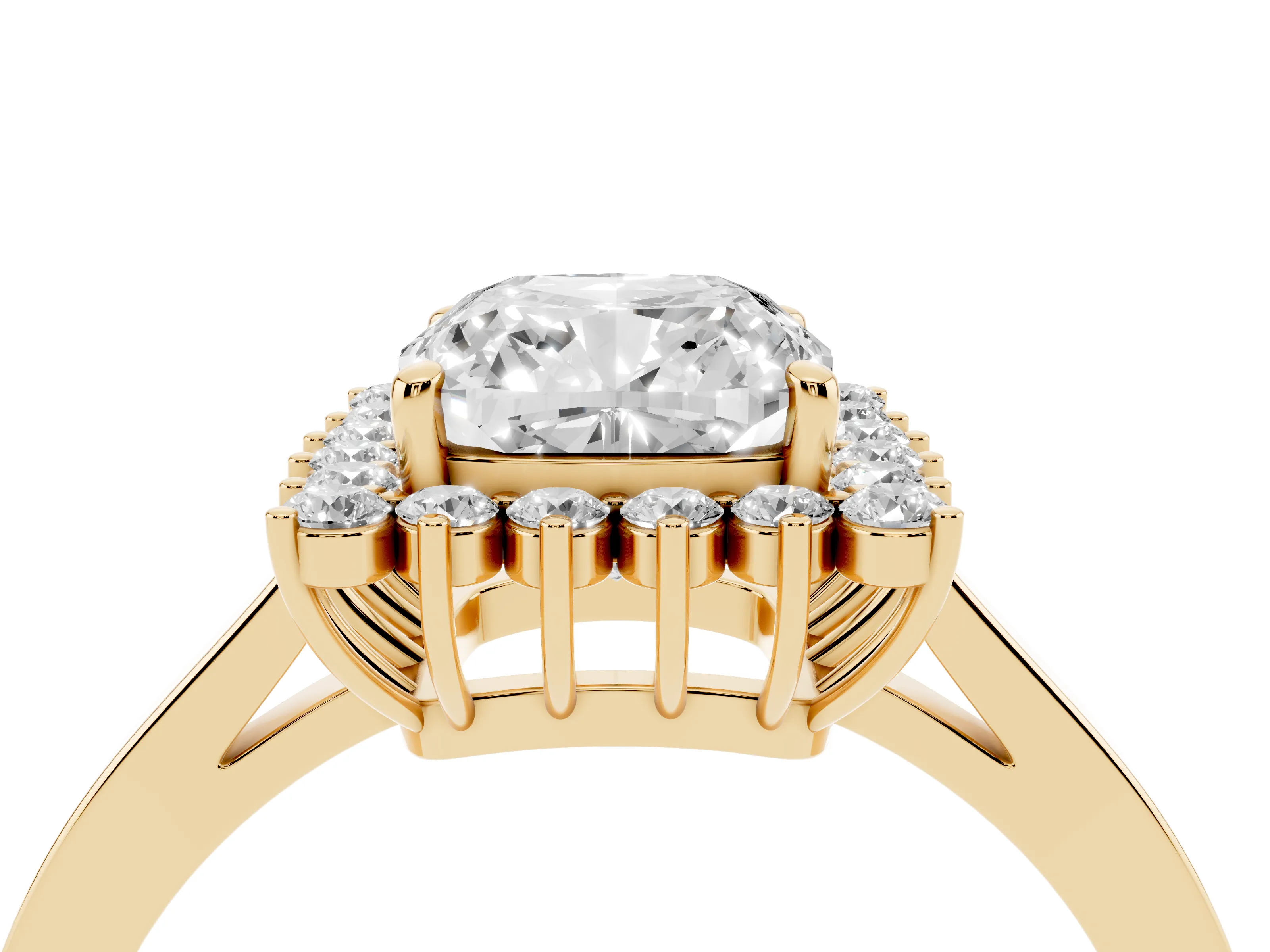 Cushion Cut Diamond Halo Ring Set in Yellow gold with Round Halo and Smooth Solitaire Band