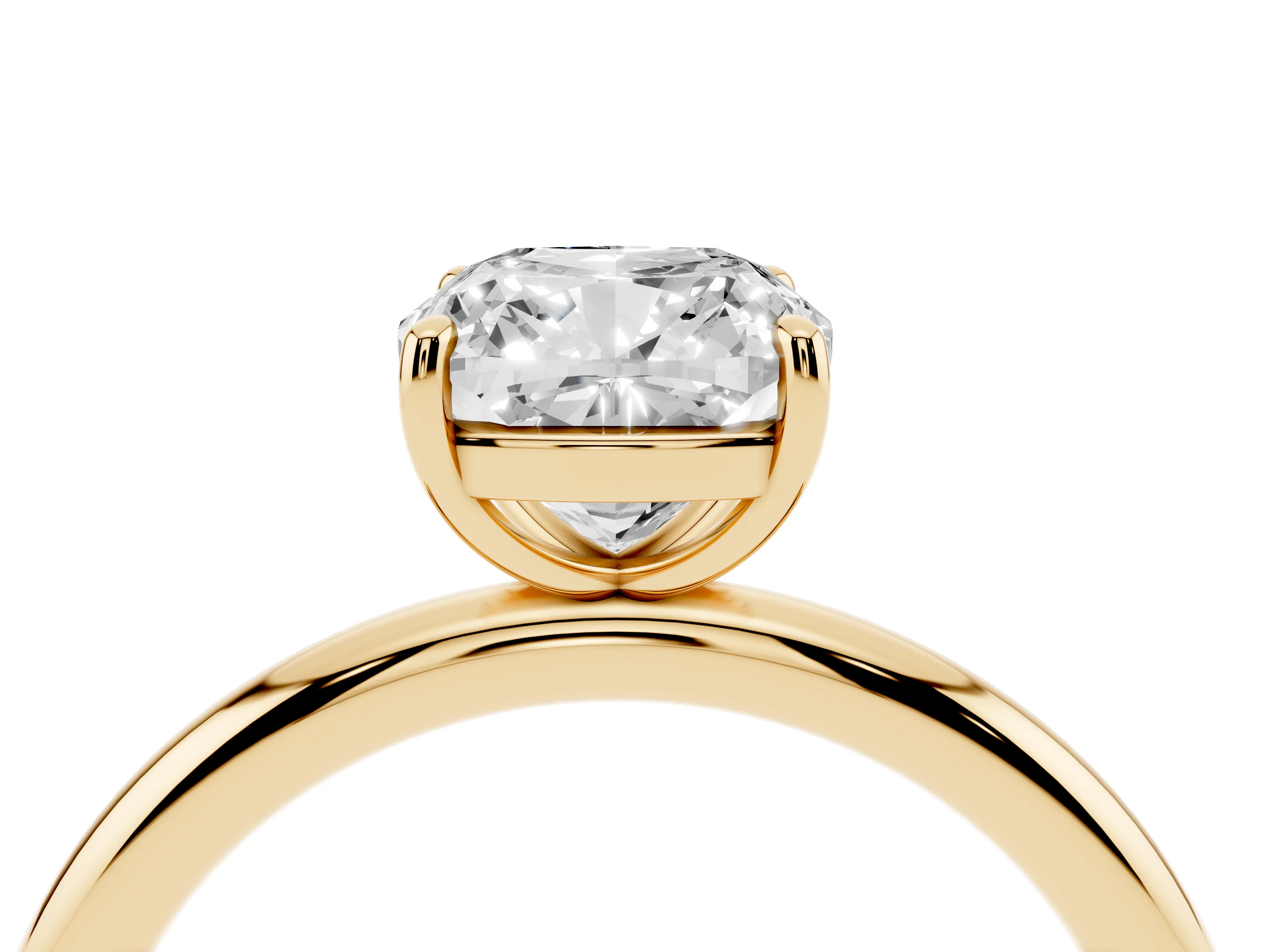 Cushion Cut Diamond Solitaire Ring Set in Yellow gold with Prong Setting on a Polished Plain Band