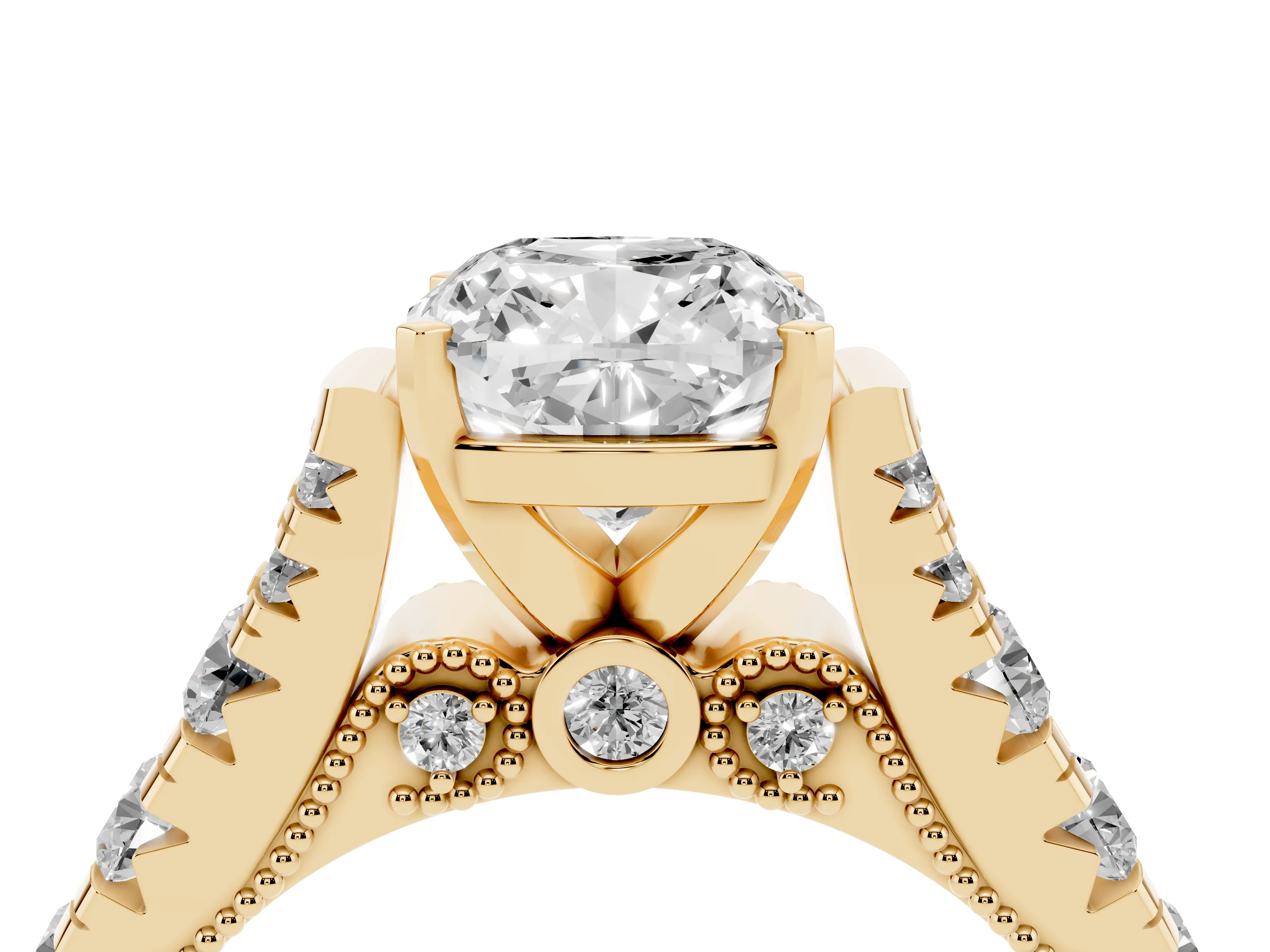 Cushion Cut Diamond Classic Solitaire Ring Set in Yellow gold with Pavé Band and Prong Setting