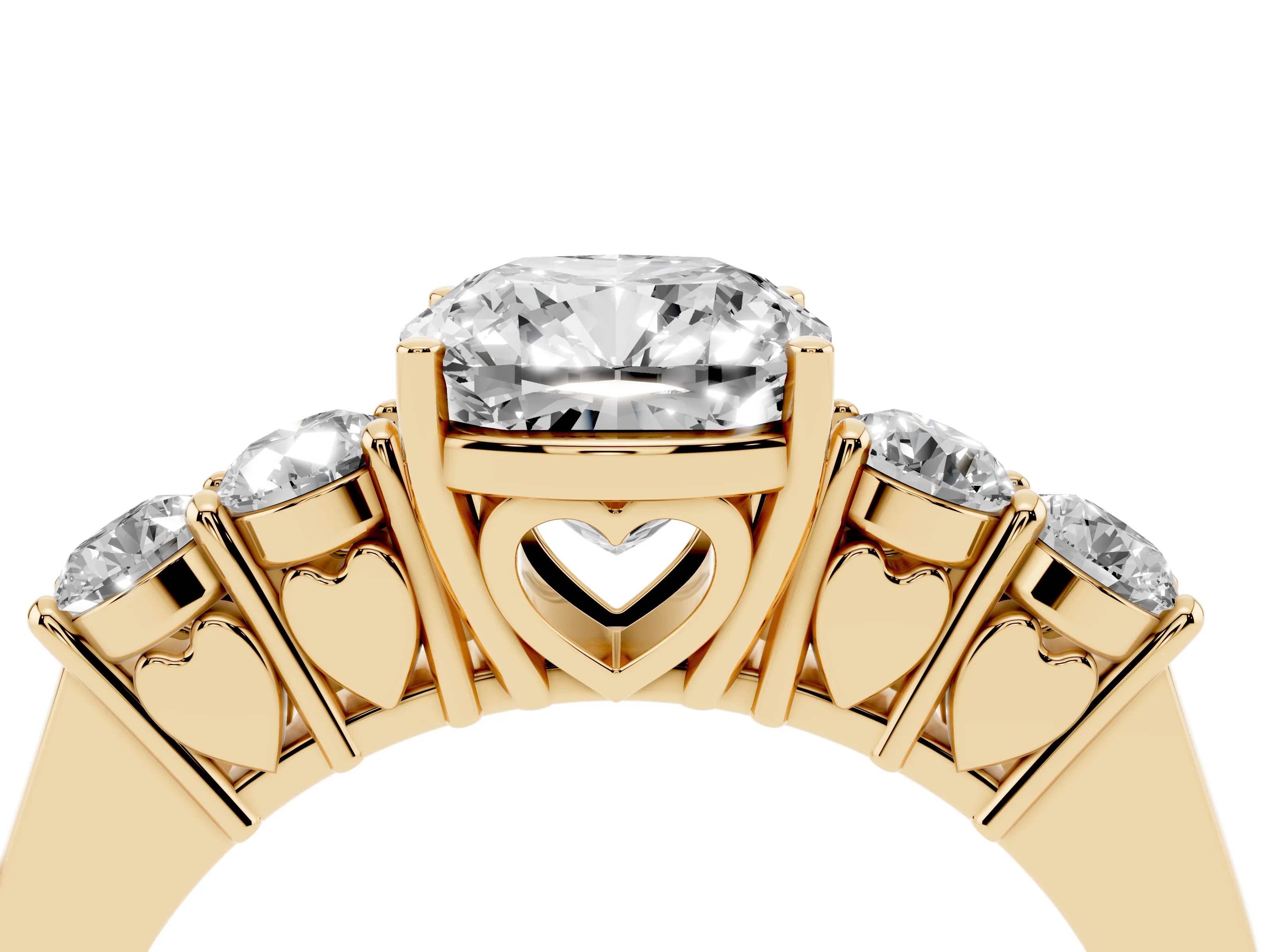 Cushion Cut Diamond Five-Stone Prong Set Band Ring Set in Yellow gold with Polished Band