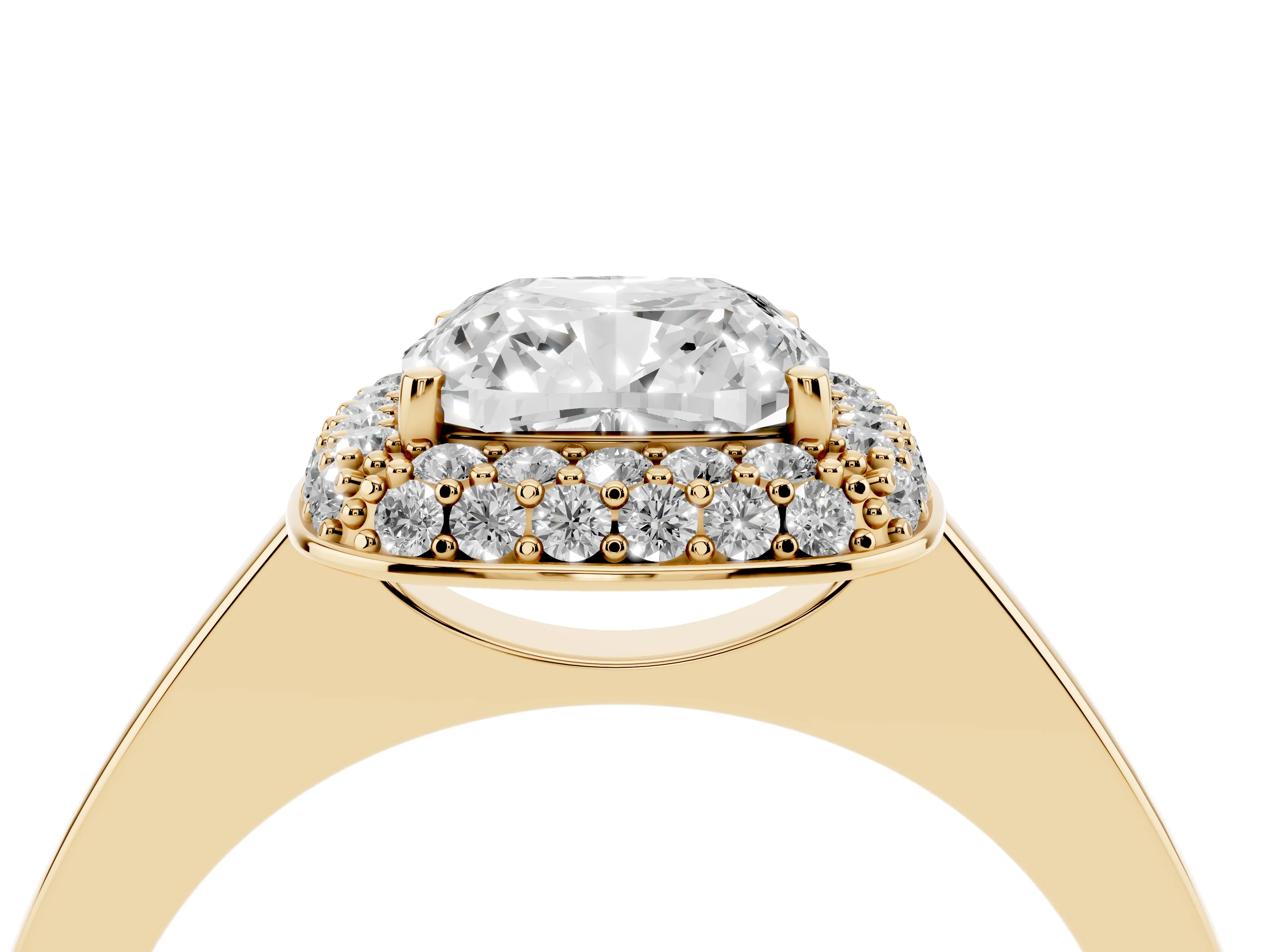 Cushion Cut Diamond Halo Engagement Ring Set in Yellow gold with Solitaire Band and Prong Setting