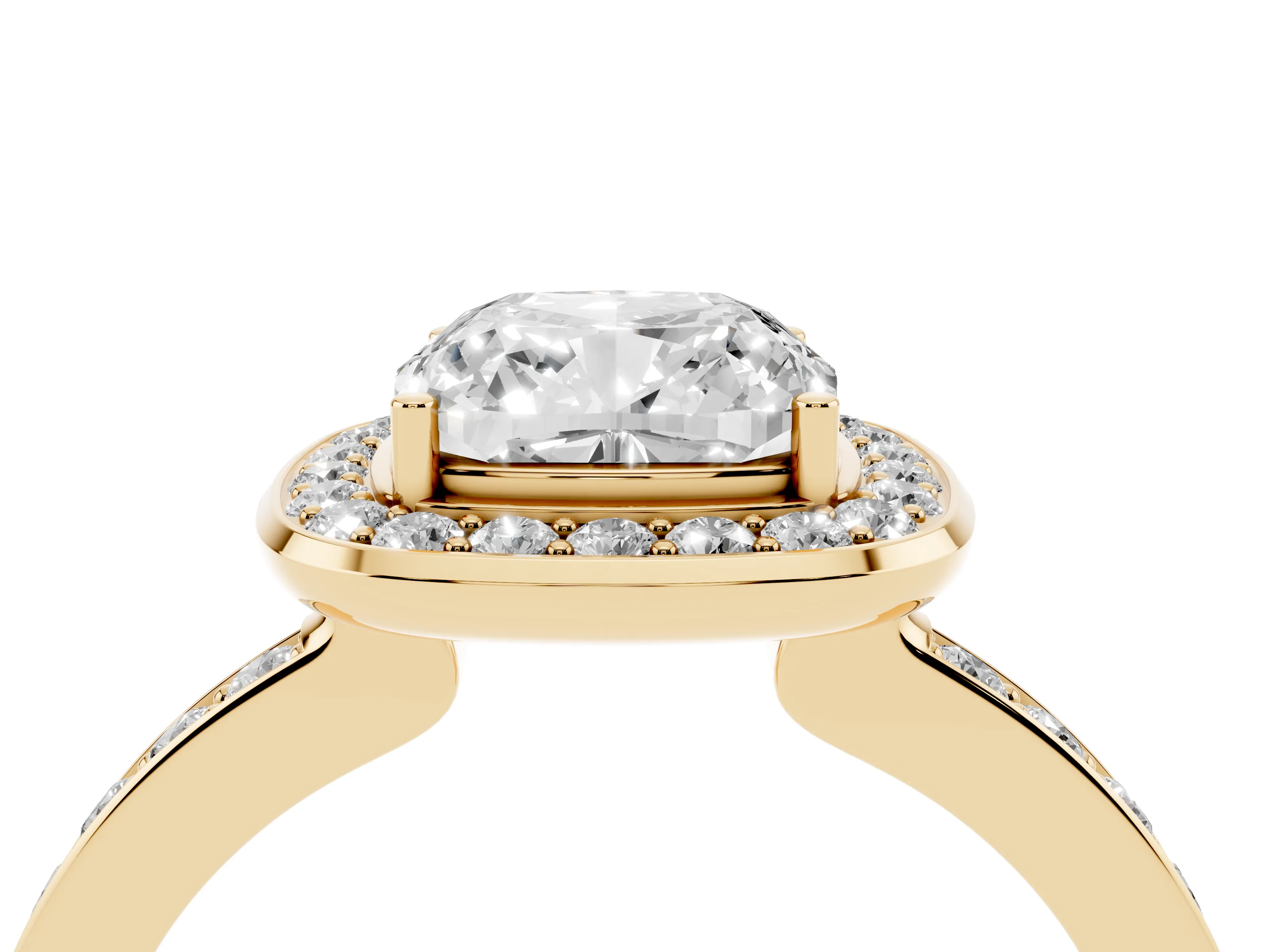 Cushion Cut Diamond Halo Ring Set in Yellow gold with Bezel Frame and Pavé Band