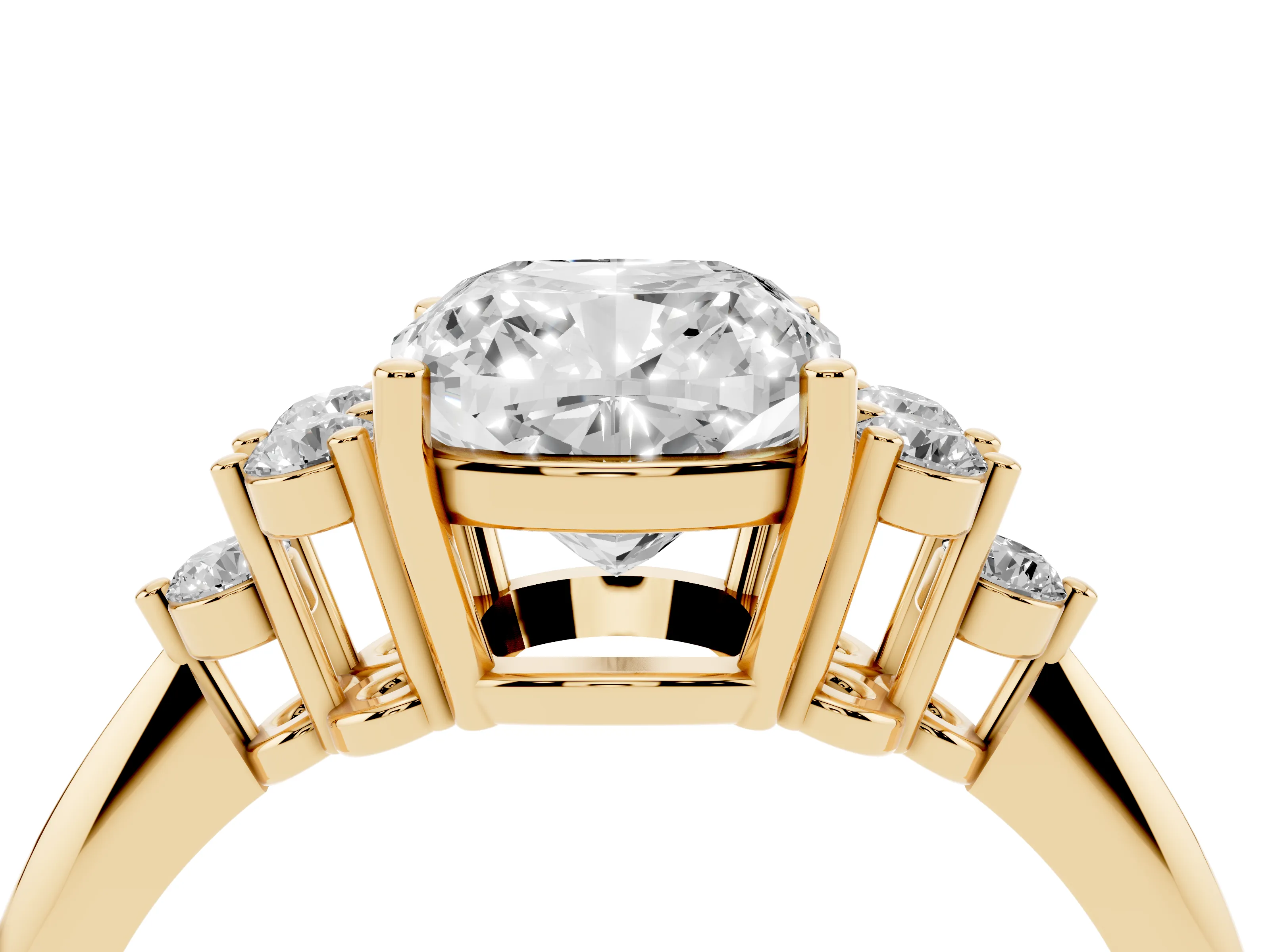 Cushion Cut Diamond Cluster Ring Set in Yellow gold with Plain Band and Prong Setting