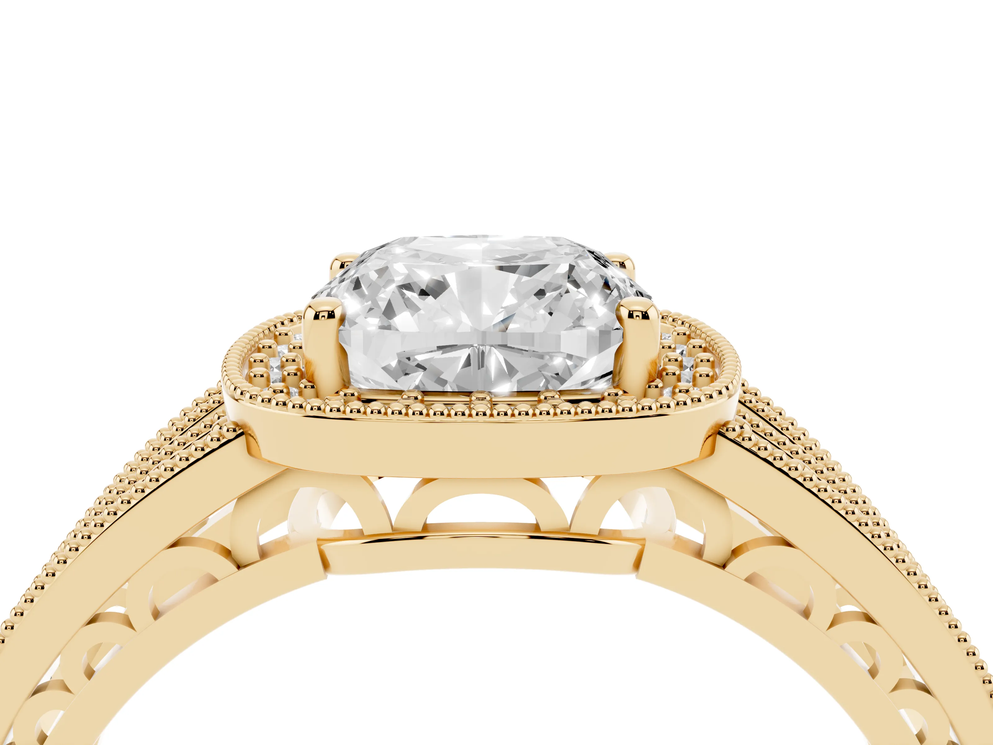 Cushion Cut Diamond Halo Ring Set in Yellow gold with Accent Split Shank and Prong Setting