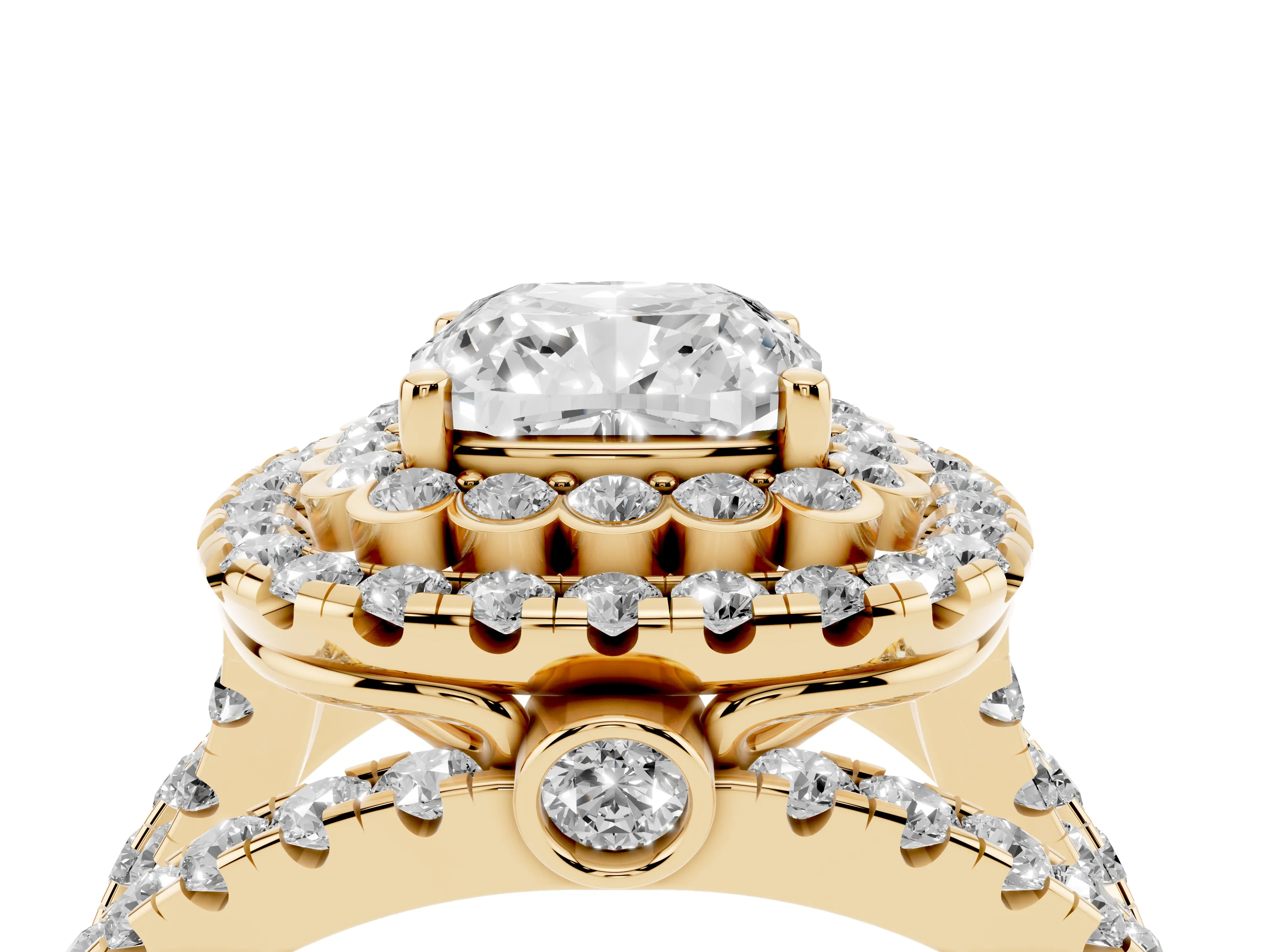Cushion Cut Diamond Double Halo Ring Set in Yellow gold with Round Pavé Split Shank