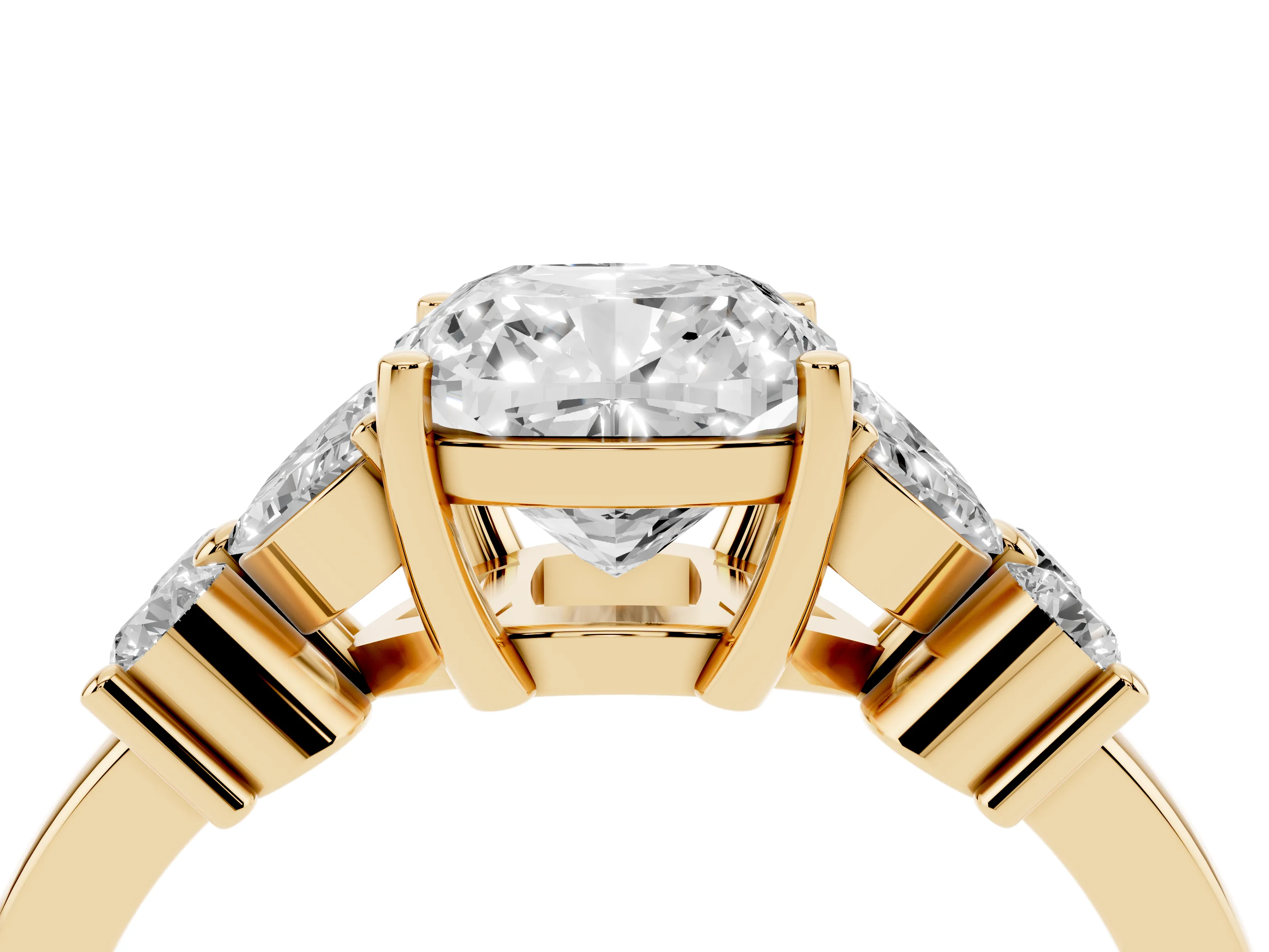 Cushion Cut Diamond Floral Cluster Ring Set in Yellow gold with Marquise Petals and Prong Setting