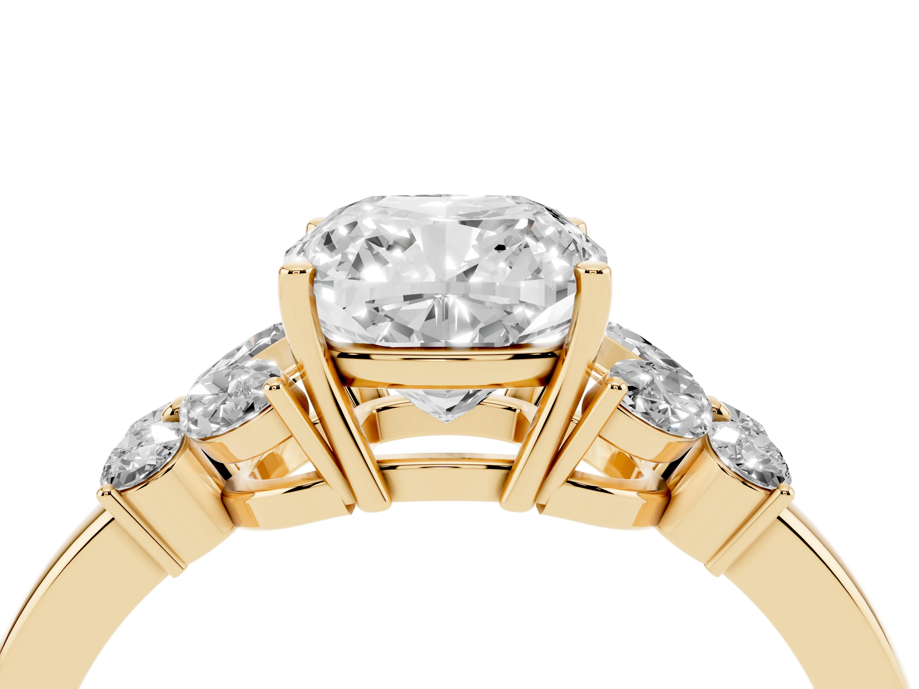 Cushion Cut Diamond Solitaire Floral Ring Set in Yellow gold with Marquise Petals and Prong Setting
