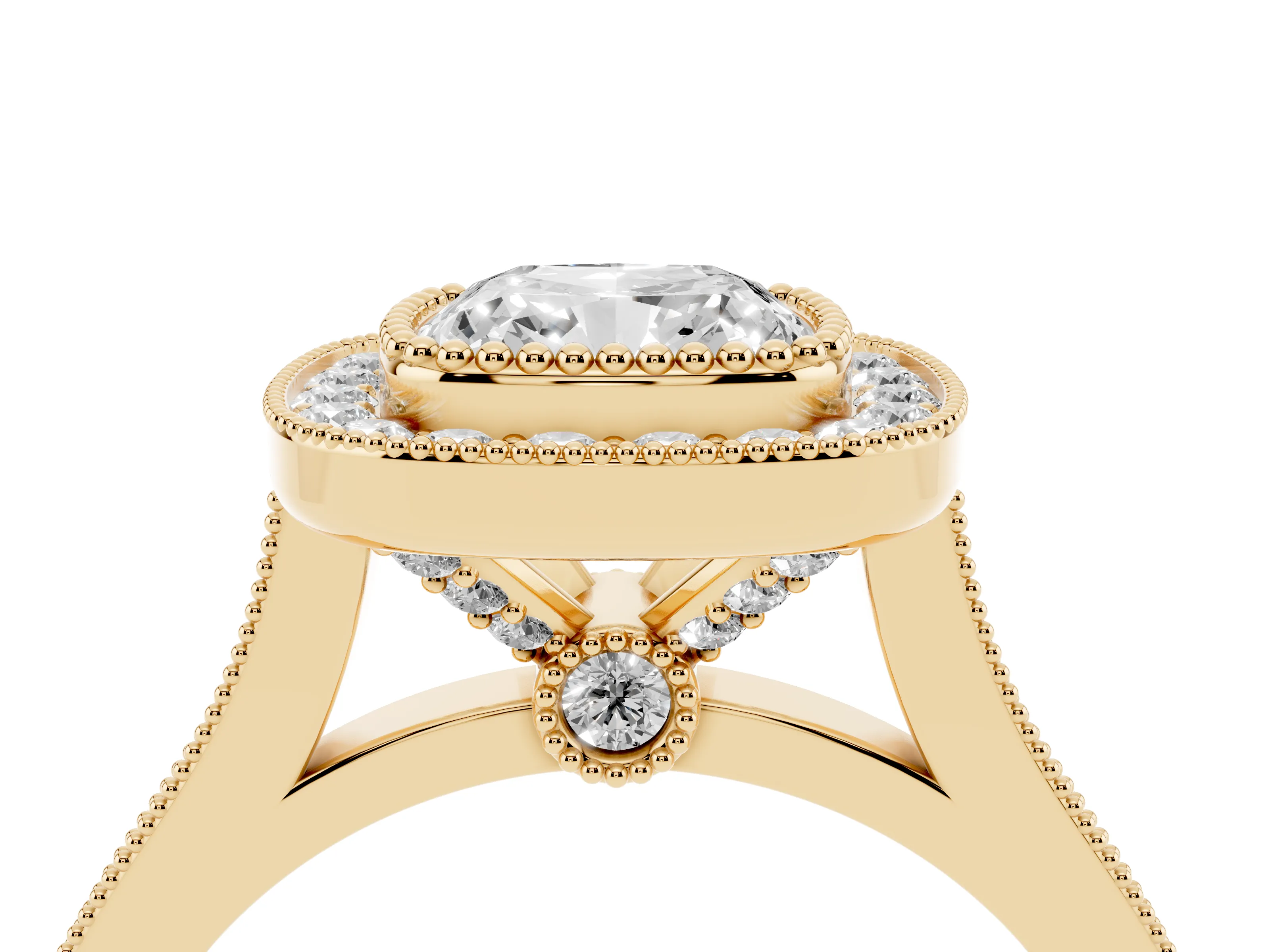 Cushion Cut Diamond Halo Ring Set in Yellow gold with Milgrain Frame and Pavé Band