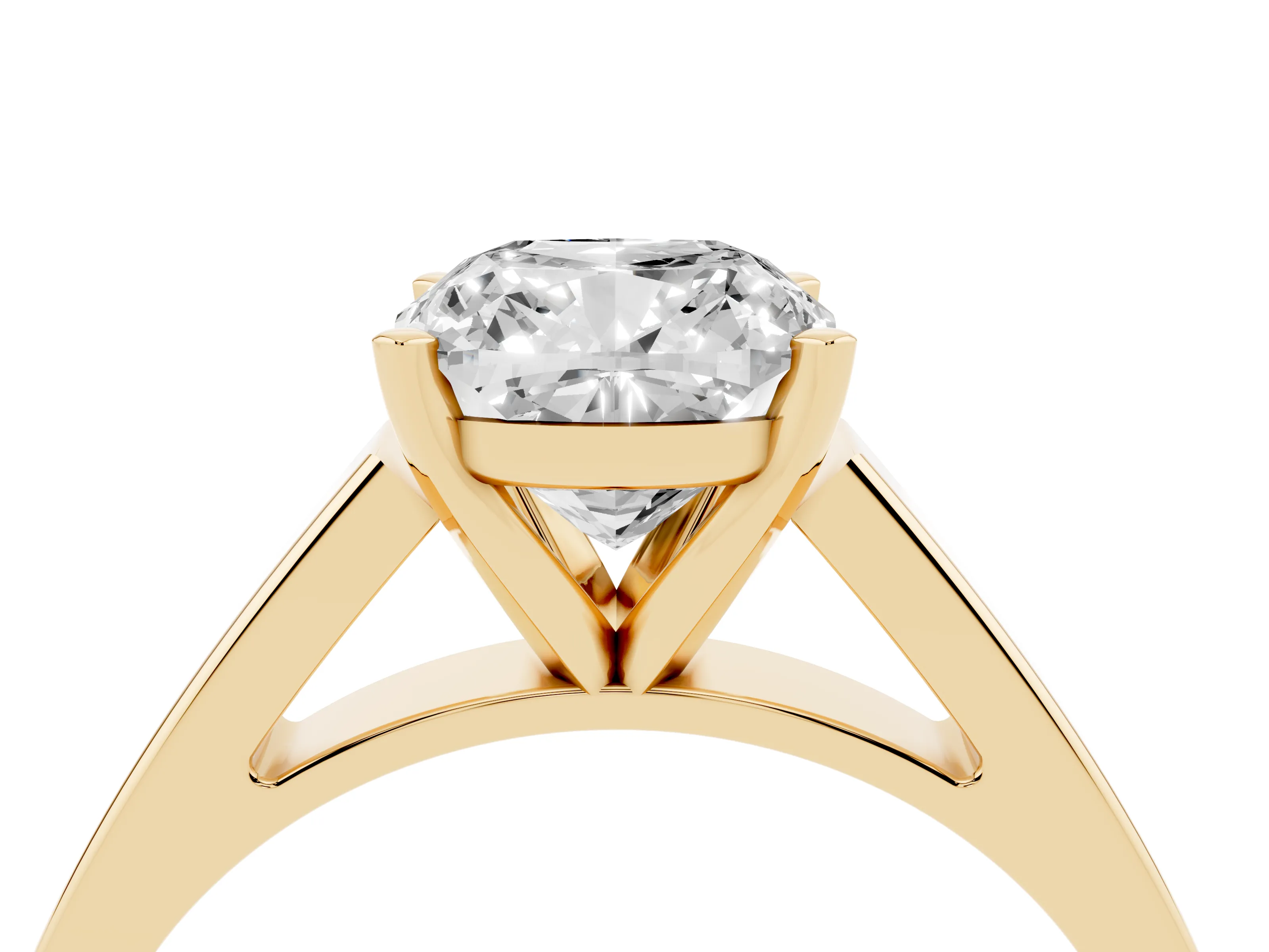 Cushion Cut Diamond Solitaire Engagement Ring Set in Yellow gold with Prong Setting and Tapered Band