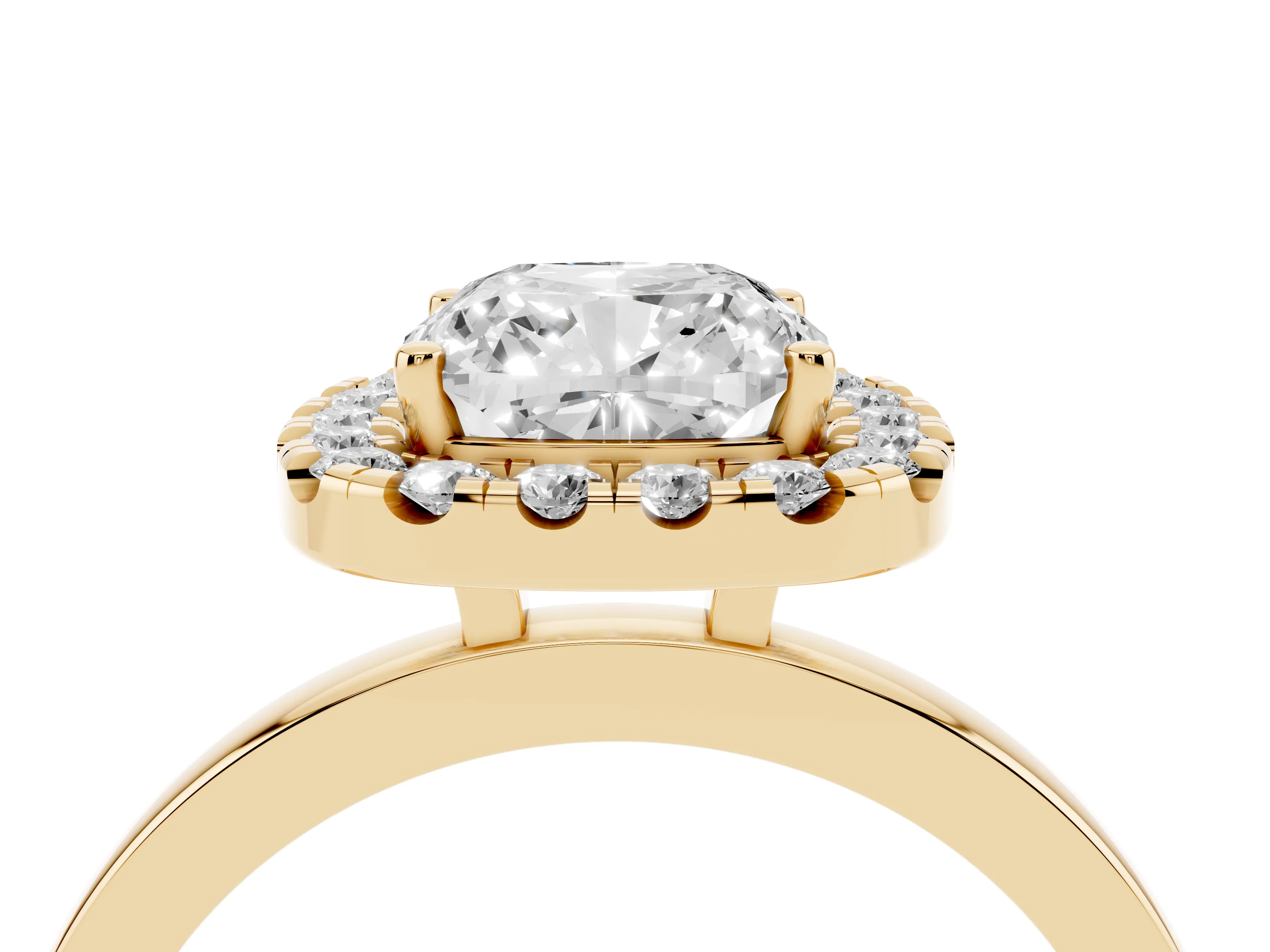 Cushion Cut Diamond Halo Solitaire Ring Set in Yellow gold with Pavé Band and Prong Setting