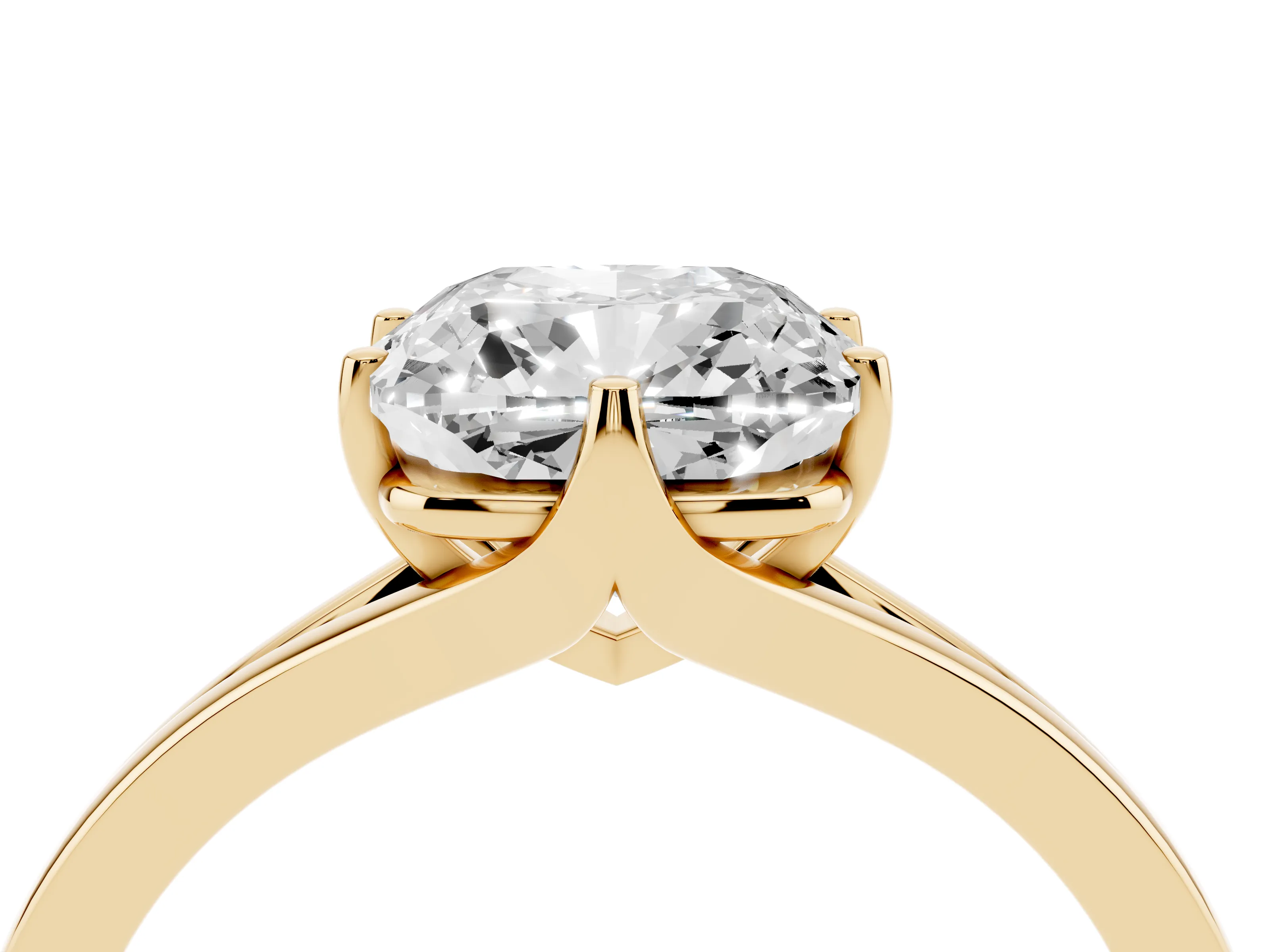 Cushion Cut Diamond Solitaire Ring Set in Yellow gold with Polished Tapered Band and Prong Setting