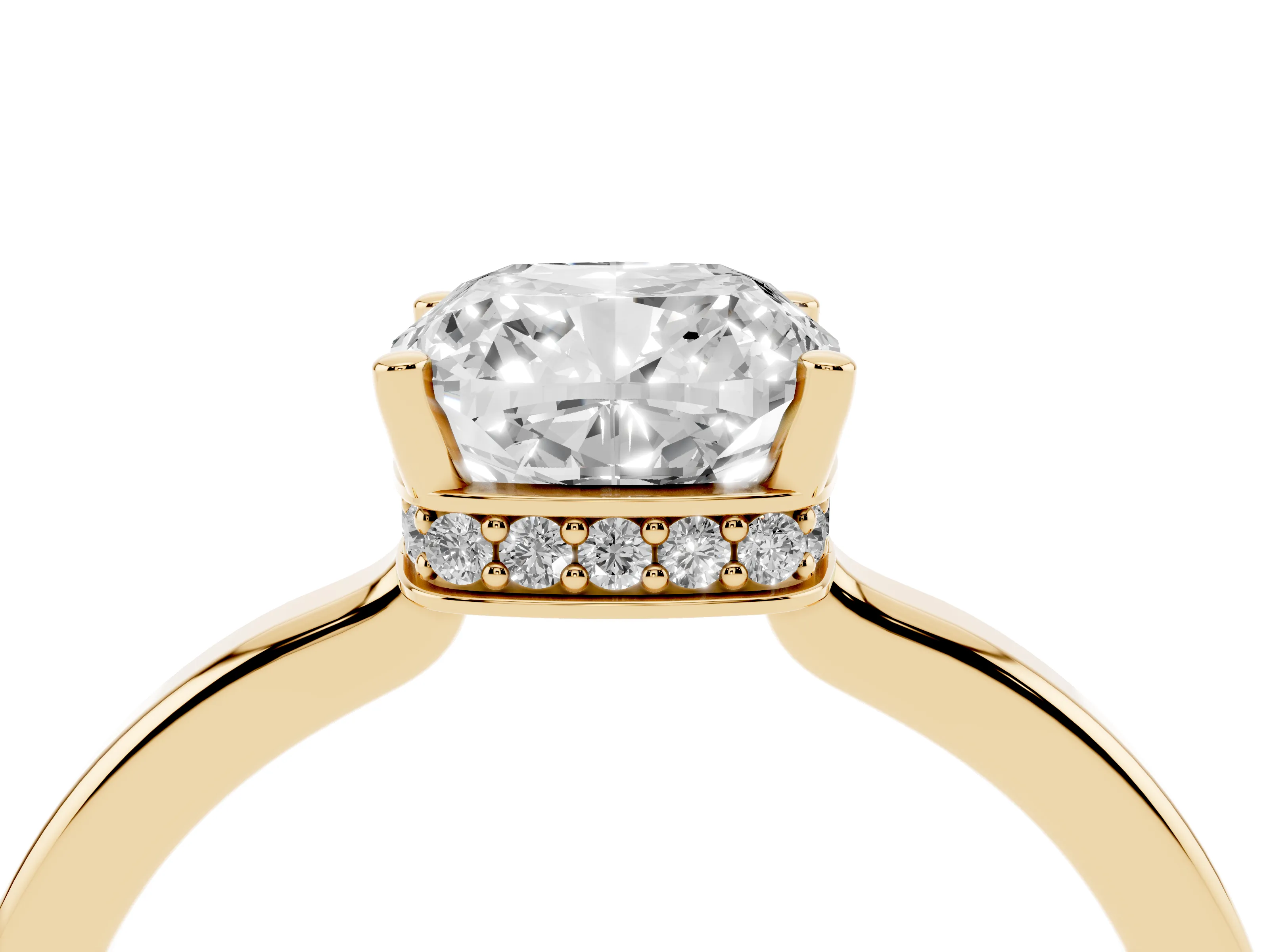 Cushion Cut Diamond Solitaire Engagement Ring Set in Yellow gold with Prong Setting on a Plain Band