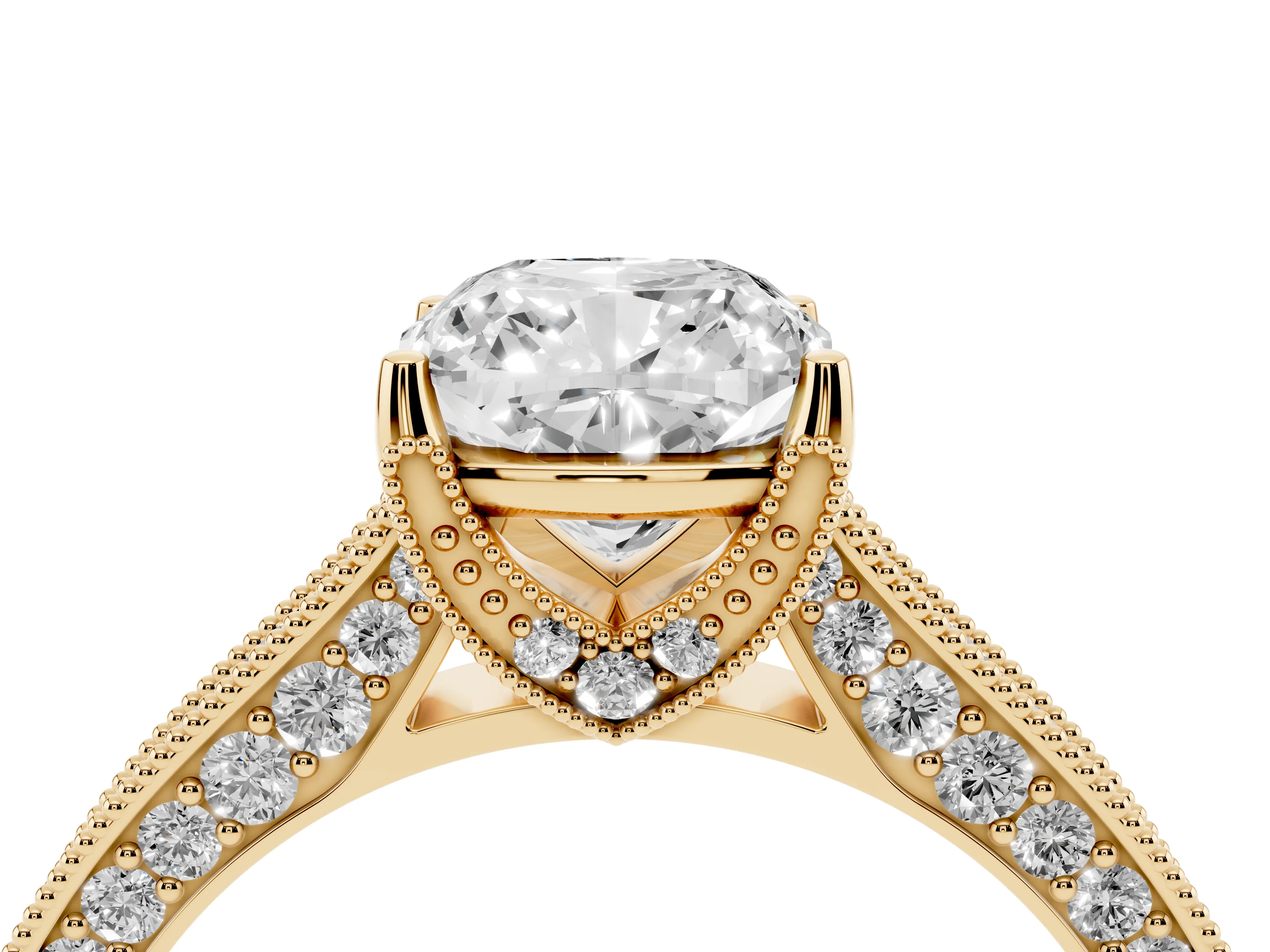 Cushion Cut Diamond Solitaire Ring Set in Yellow gold with Milgrain-Edged Pavé Band and Prong Setting