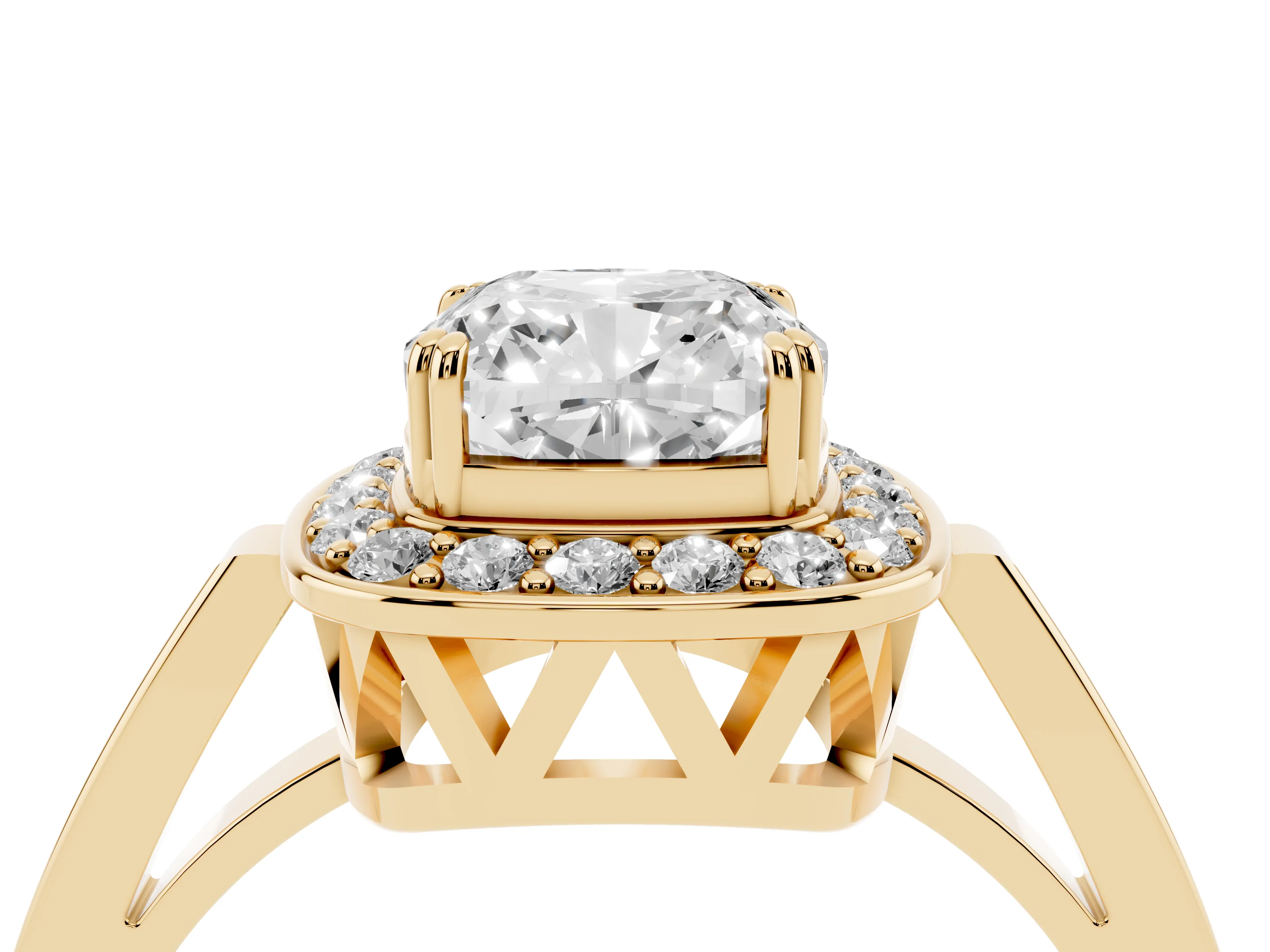 Cushion Cut Diamond Halo Ring Set in Yellow gold with Accent-Lined Split Shank and Prong Setting