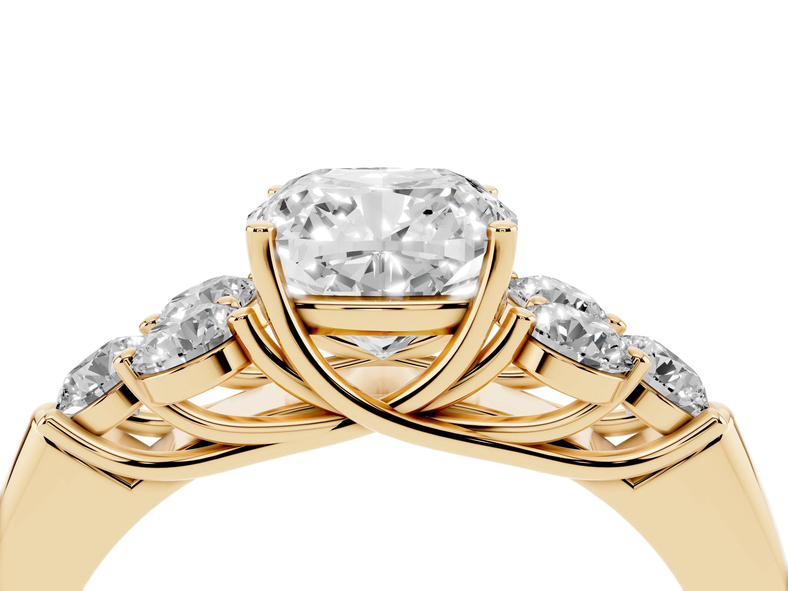 Cushion Cut Diamond Cluster Ring Set in Yellow gold with Round Accent Stones and Prong Setting on a Plain Band