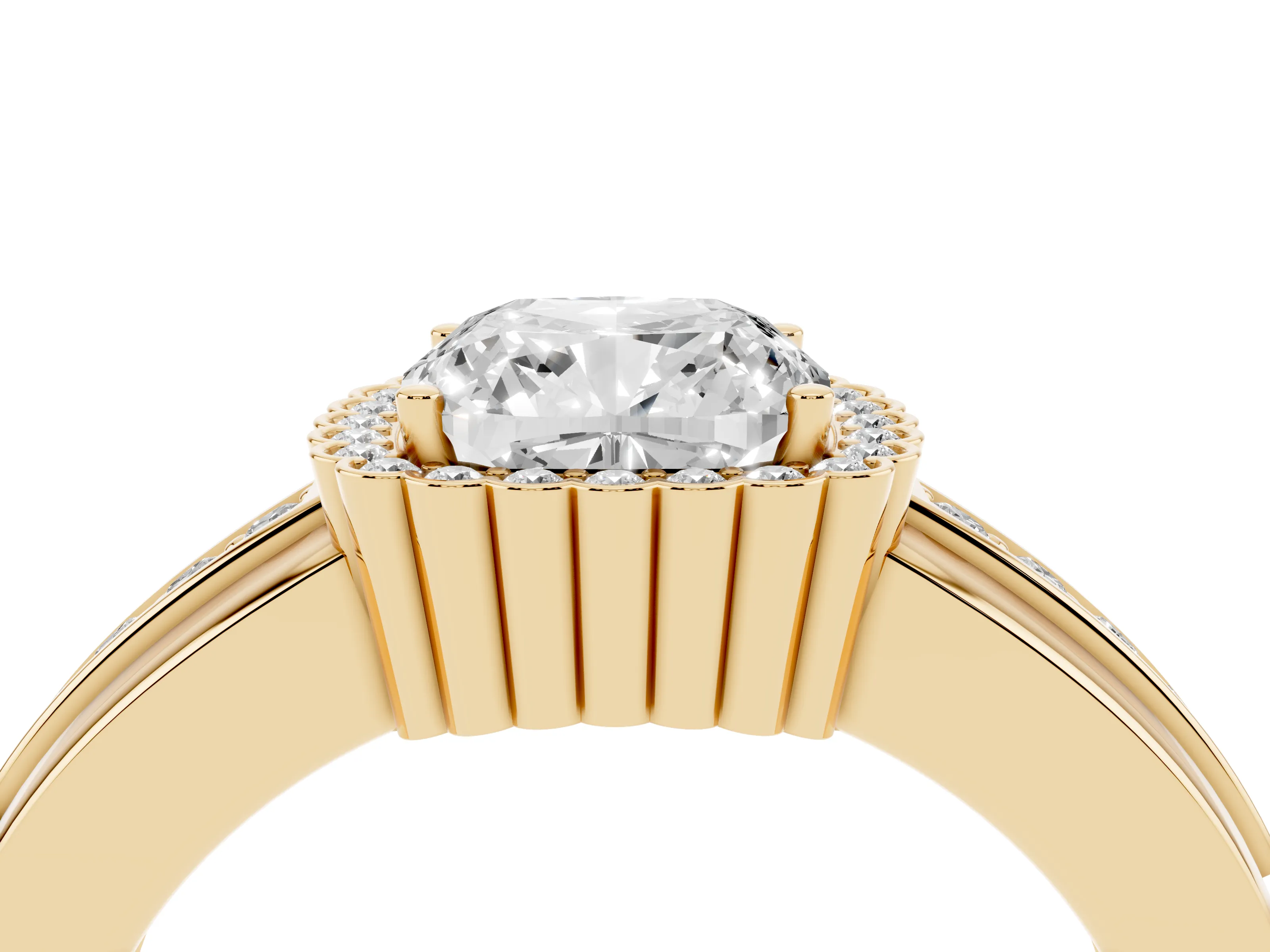 Cushion Cut Diamond Halo Prong Ring Set in Yellow gold with Pavé Band