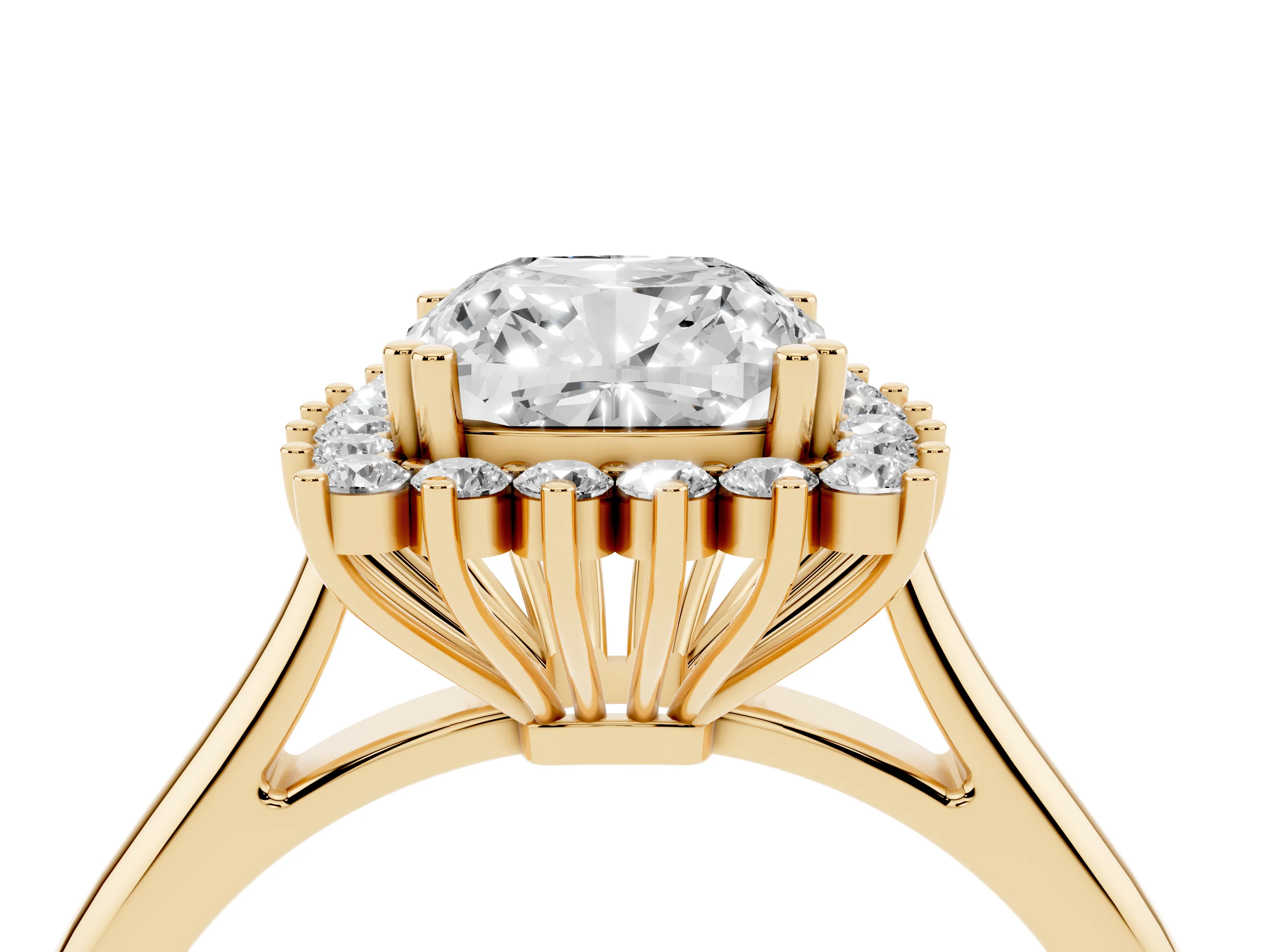 Cushion Cut Diamond Halo Ring Set in Yellow gold with Plain Solitaire Band and Prong Setting