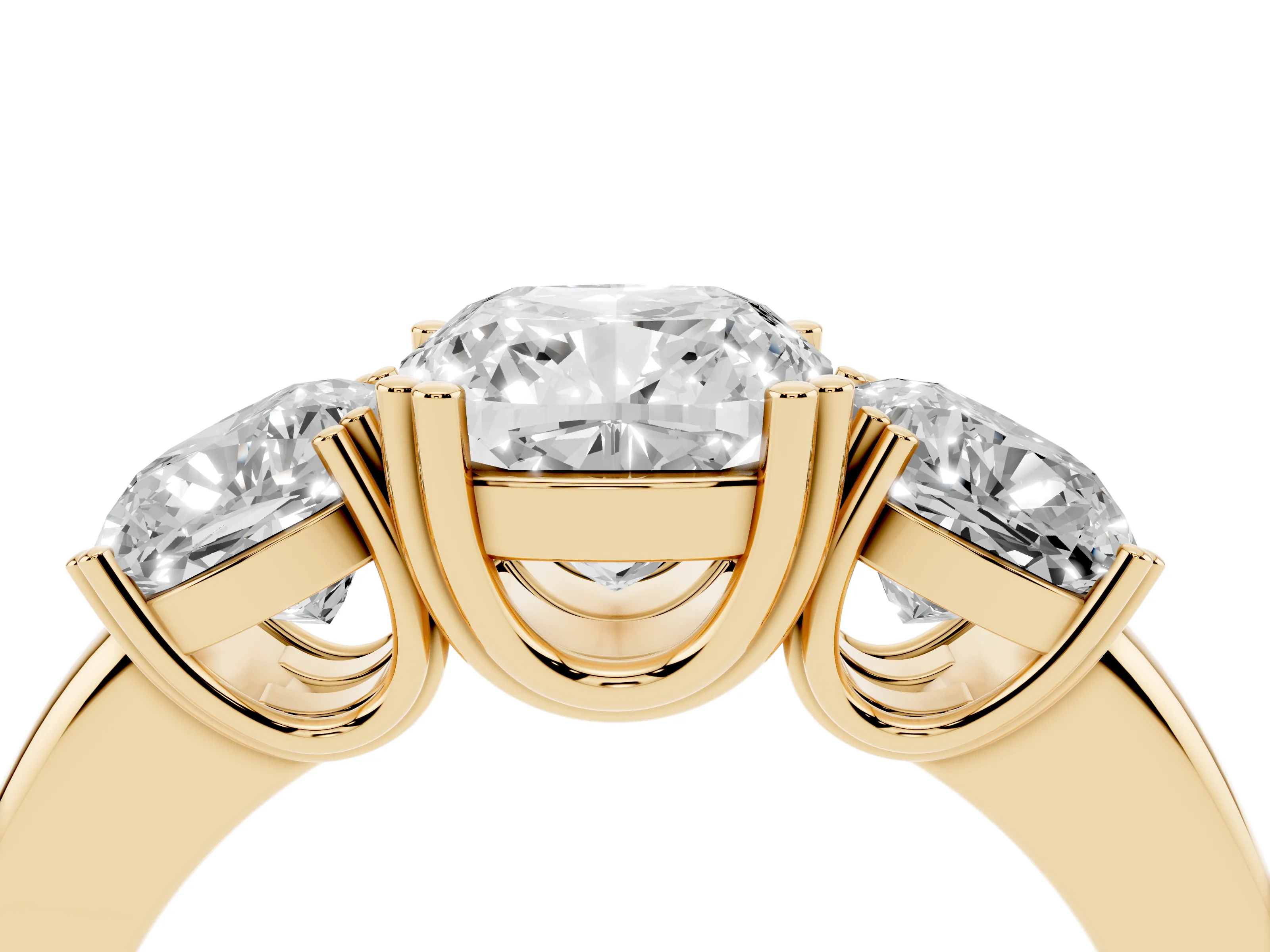Cushion Cut Diamond Three-Stone Ring Set in Yellow gold with Polished Band and Prong Setting