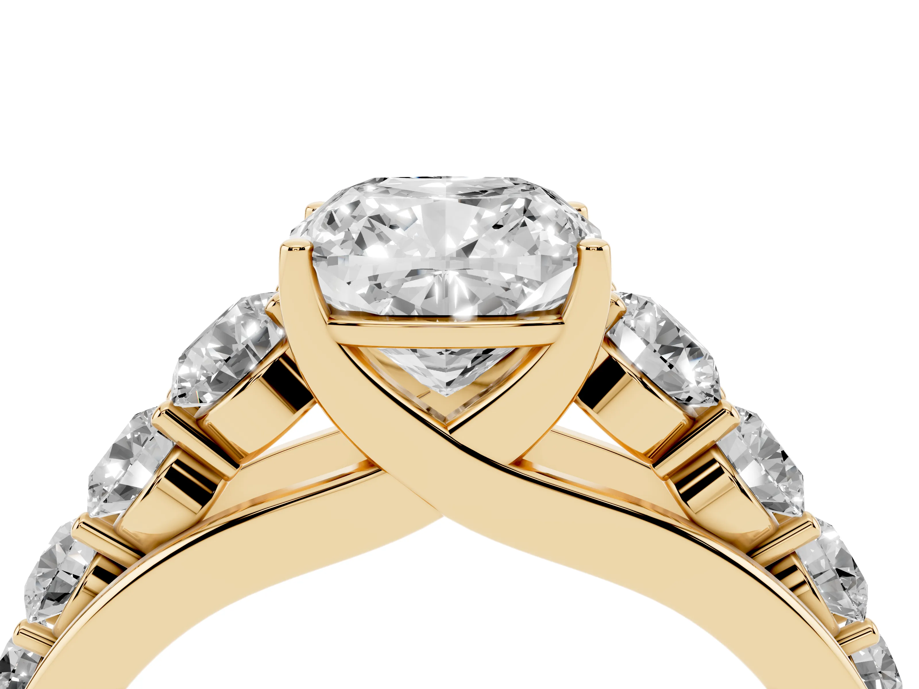 Cushion Cut Diamond Solitaire Ring Set in Yellow gold with Pavé-Set Band and Prong Setting