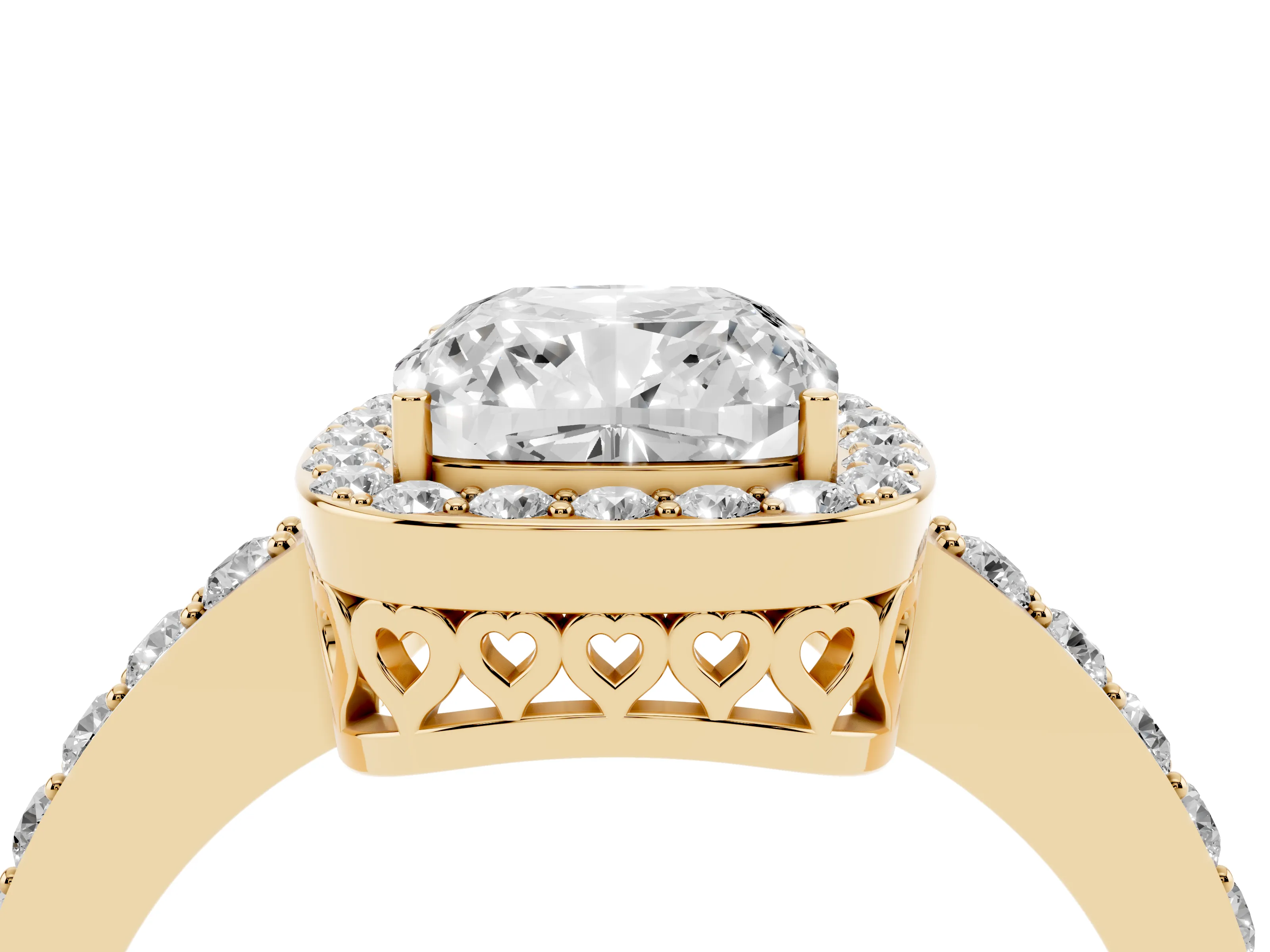 Cushion Cut Diamond Halo Ring Set in Yellow gold with Pavé-Setting Band and Open Prong Center
