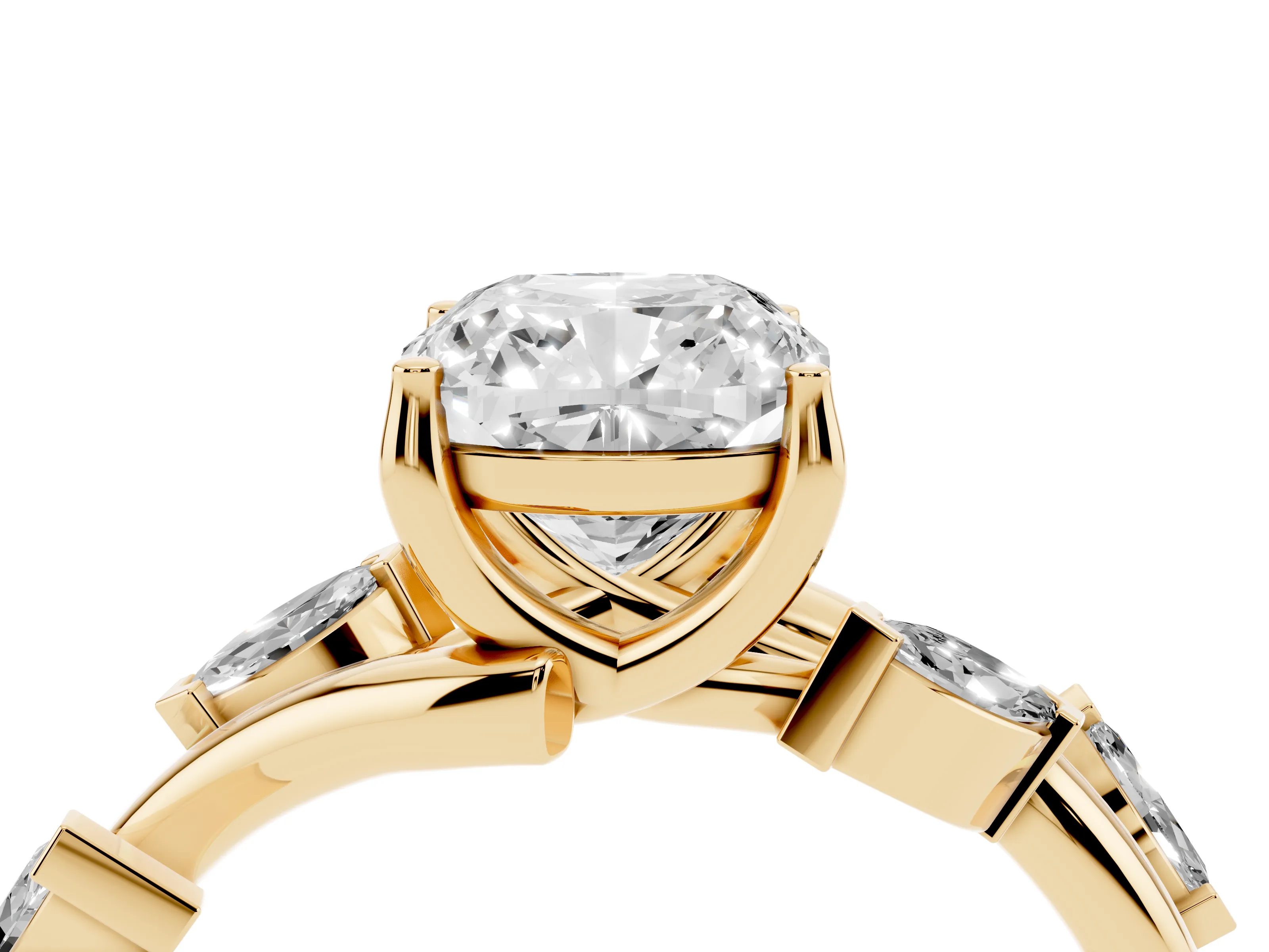 Cushion Cut Diamond Solitaire Ring Set in Yellow gold with Twisted Marquise Accent Band