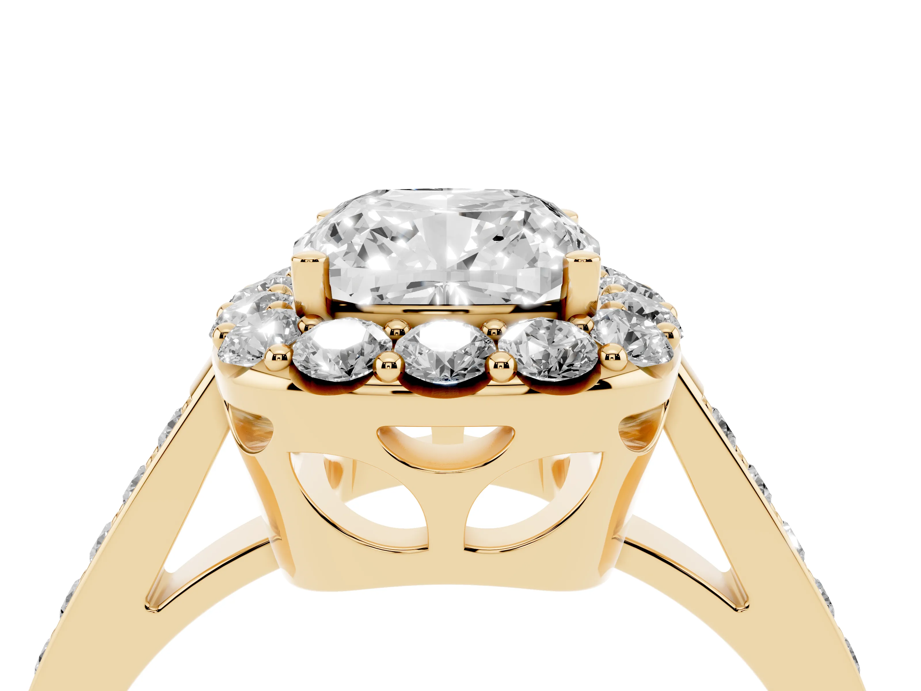 Cushion Cut Diamond Floral Halo Ring Set in Yellow gold with Pavé Band and Prong Setting