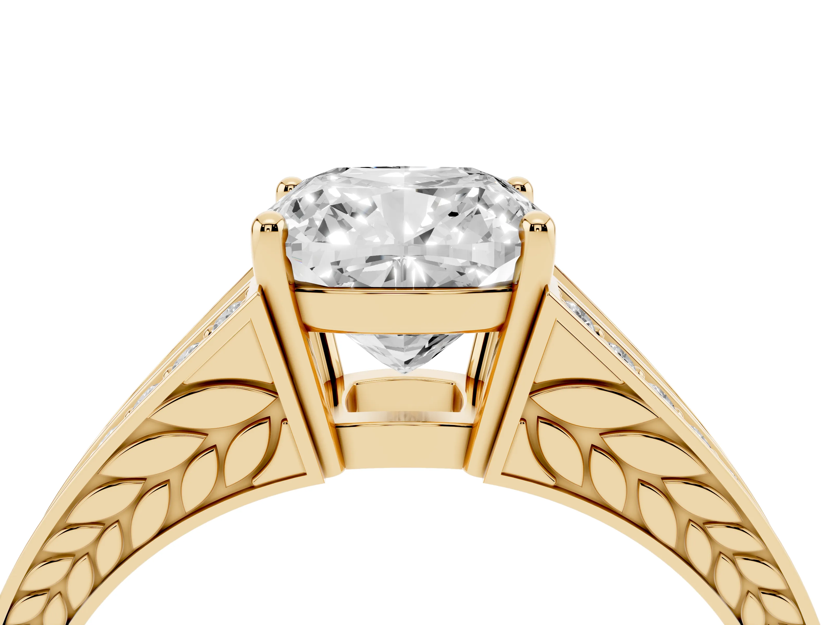 Cushion Cut Diamond Split Shank Ring Set in Yellow gold with Pavé Band and Prong Setting