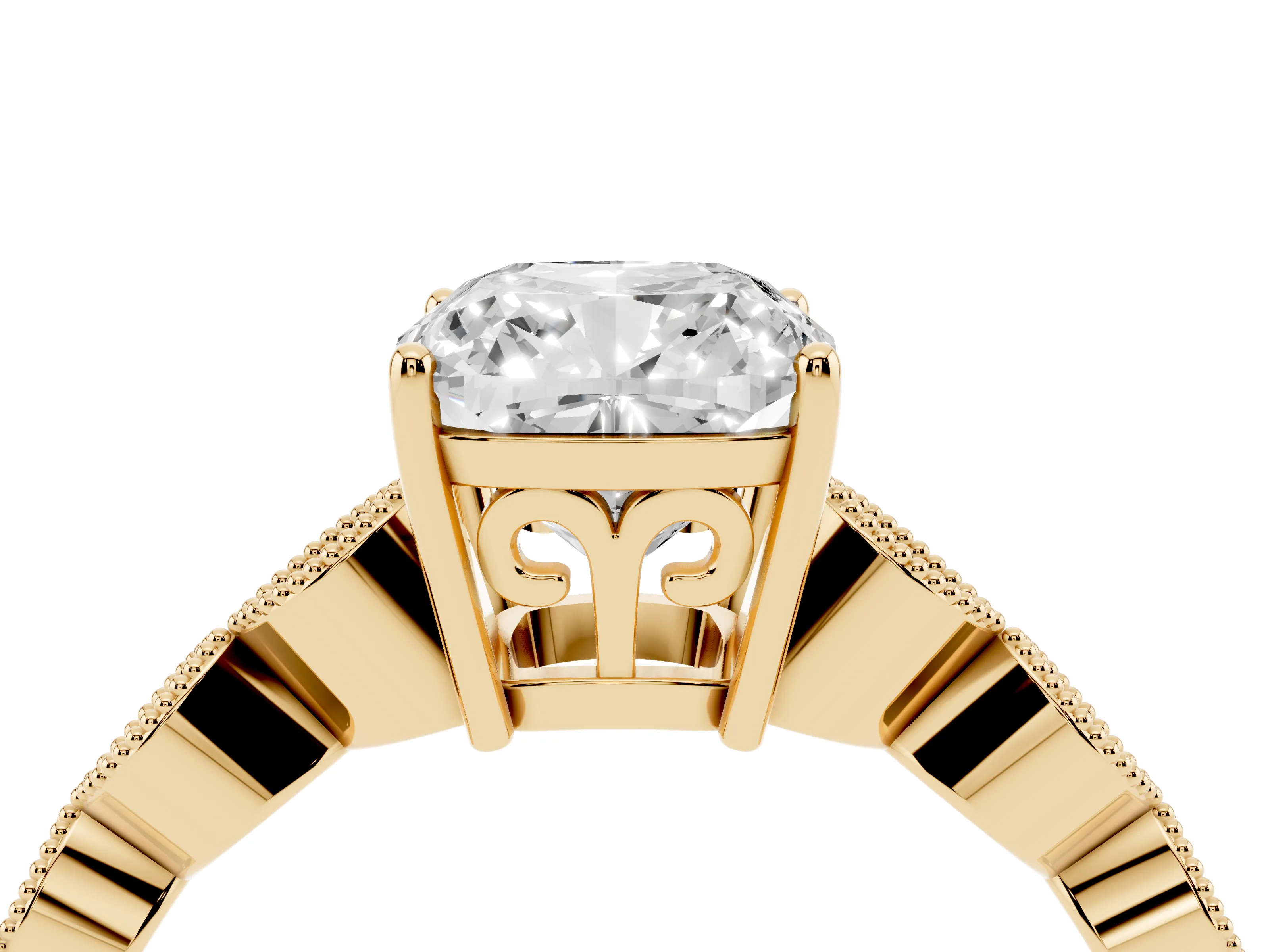 Cushion Cut Diamond Solitaire Ring Set in Yellow gold with Infinity Twist Pavé Band