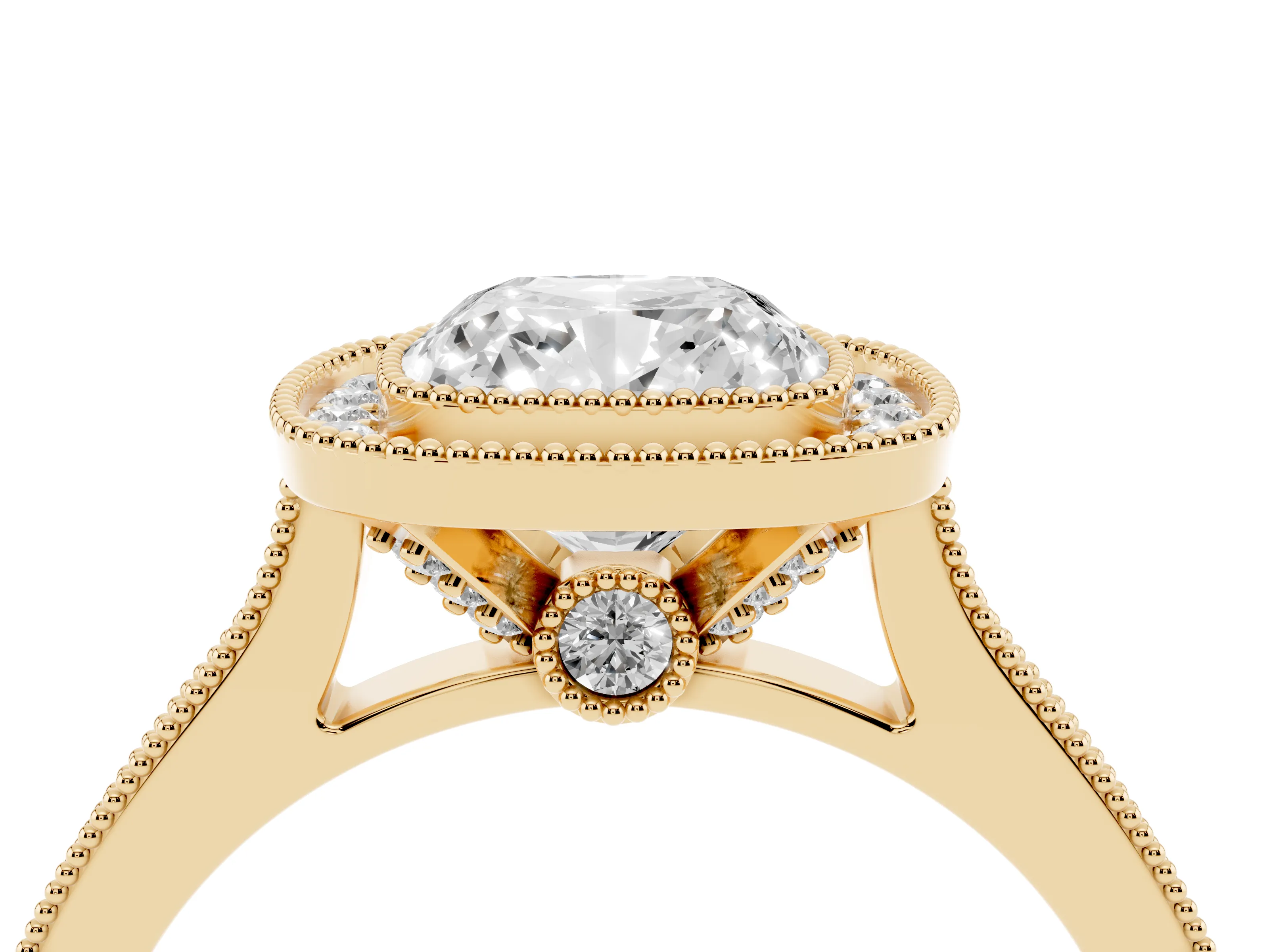 Cushion Cut Diamond Halo Milgrain Pavé Band Ring Set in Yellow gold with Prong Setting