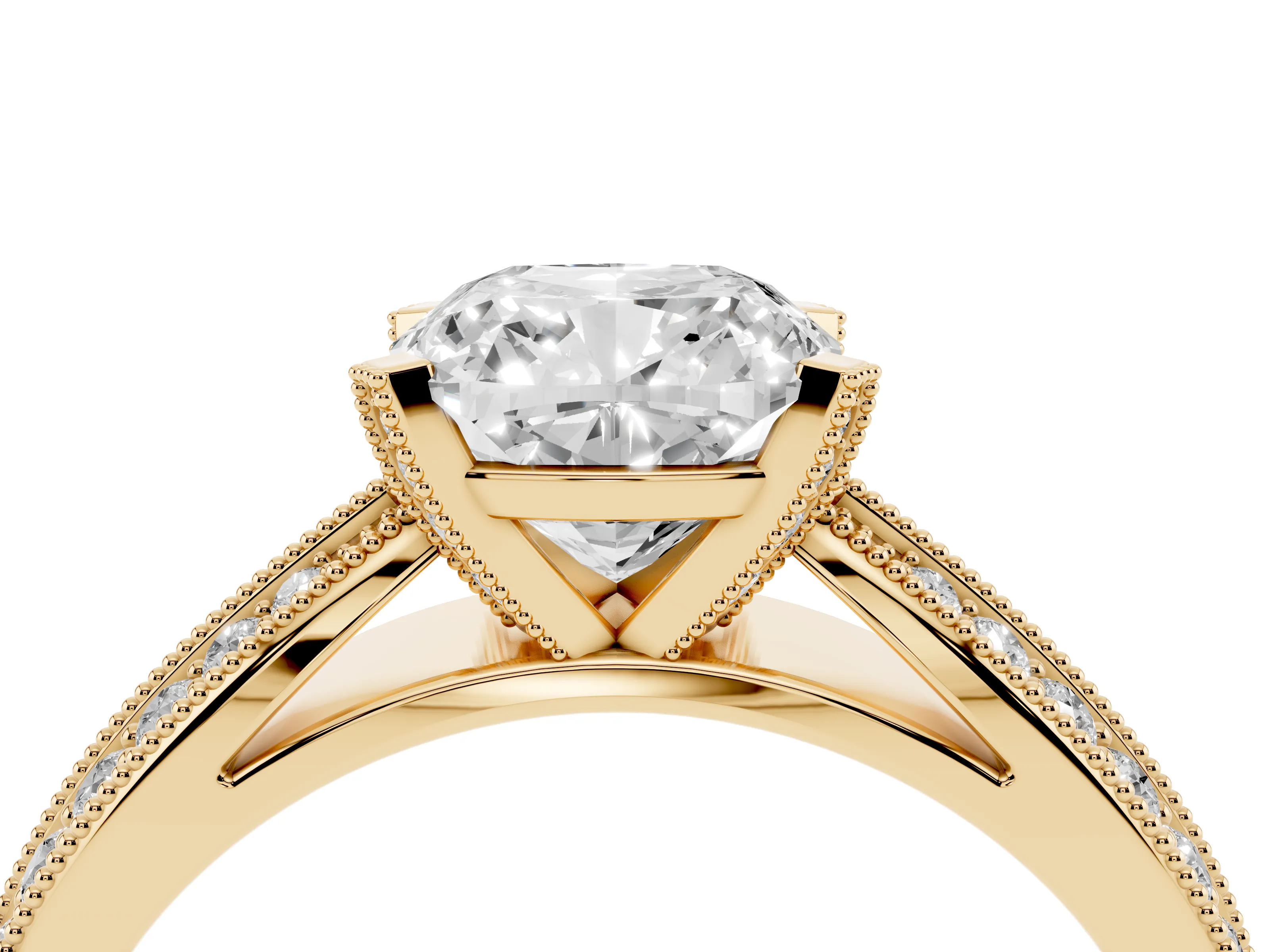 Cushion Cut Diamond Solitaire Ring Set in Yellow gold with Milgrain Double Row Round Pavé Band