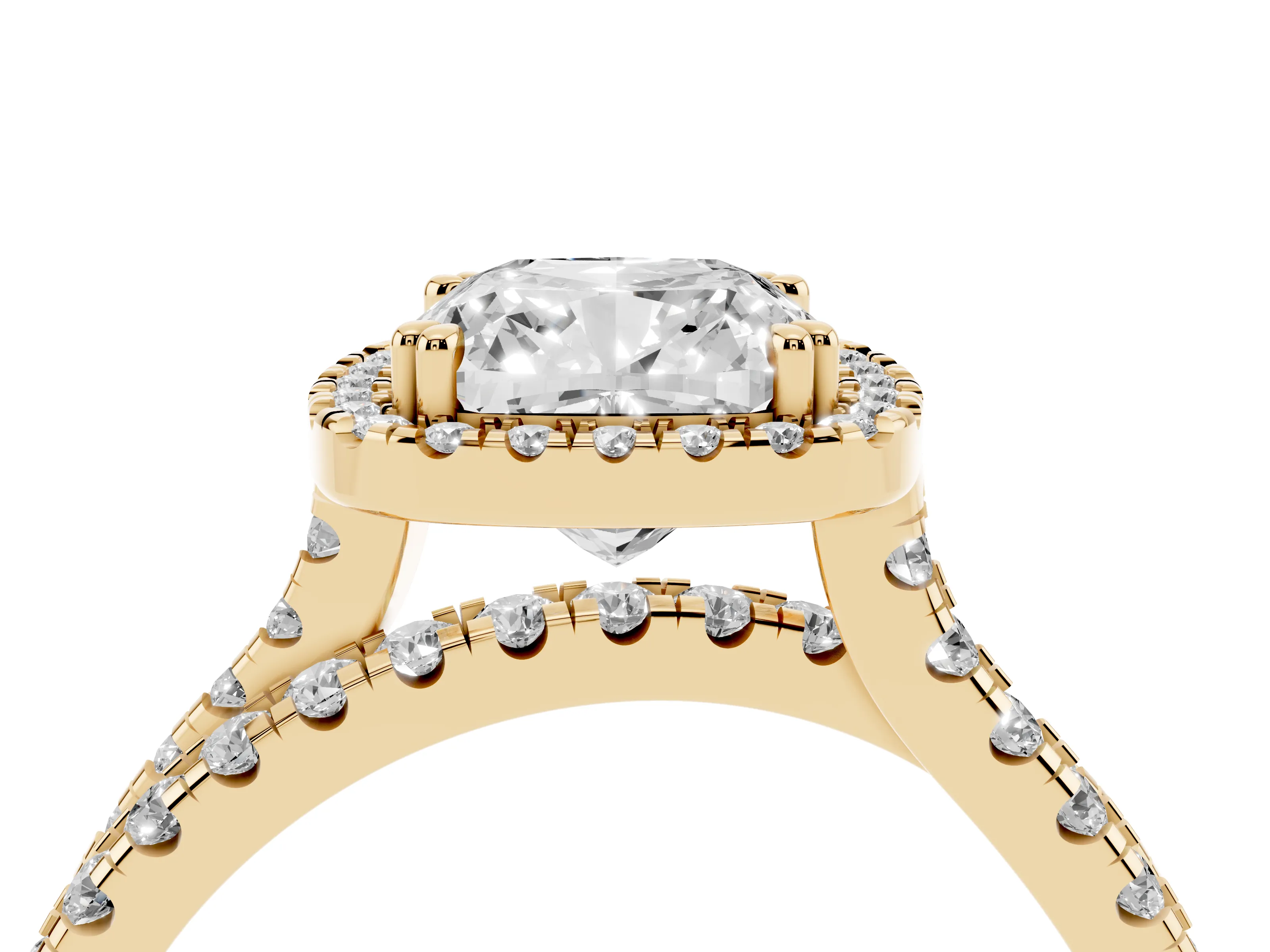 Cushion Cut Diamond Halo Split Shank Ring Set in Yellow gold with Pavé Setting