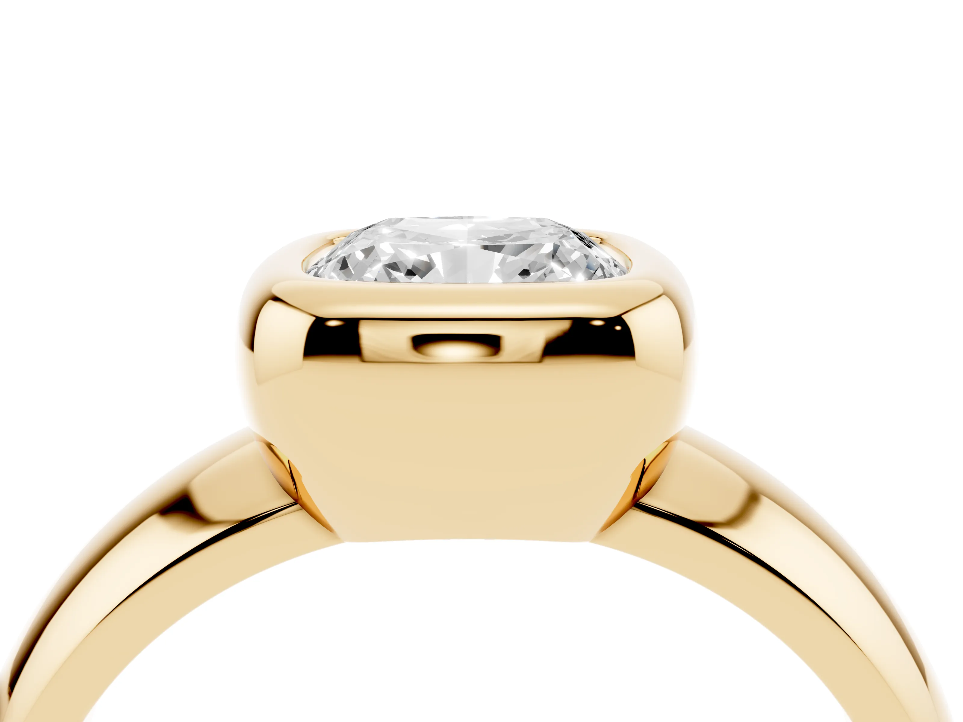 Bezel Set Cushion Cut Diamond Solitaire Ring Set in Yellow gold with Wide Band