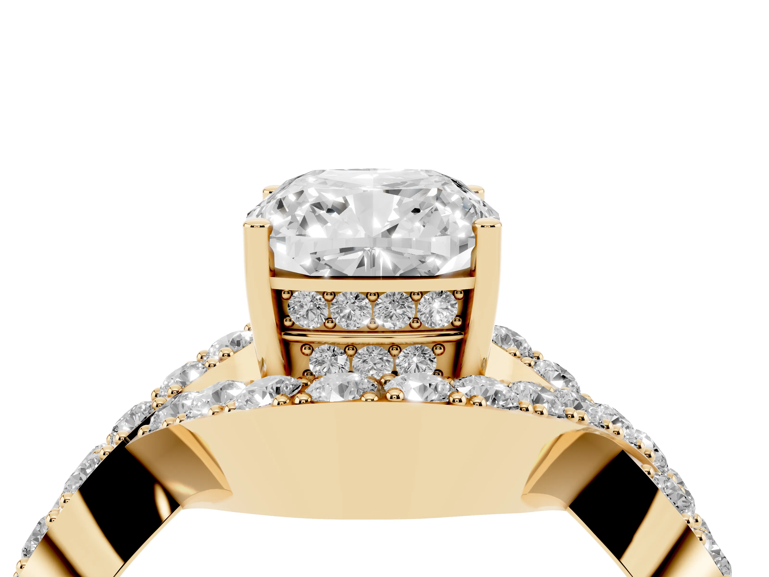 Cushion Cut Diamond Solitaire Twist Band Pavé Engagement Ring Set in Yellow gold
