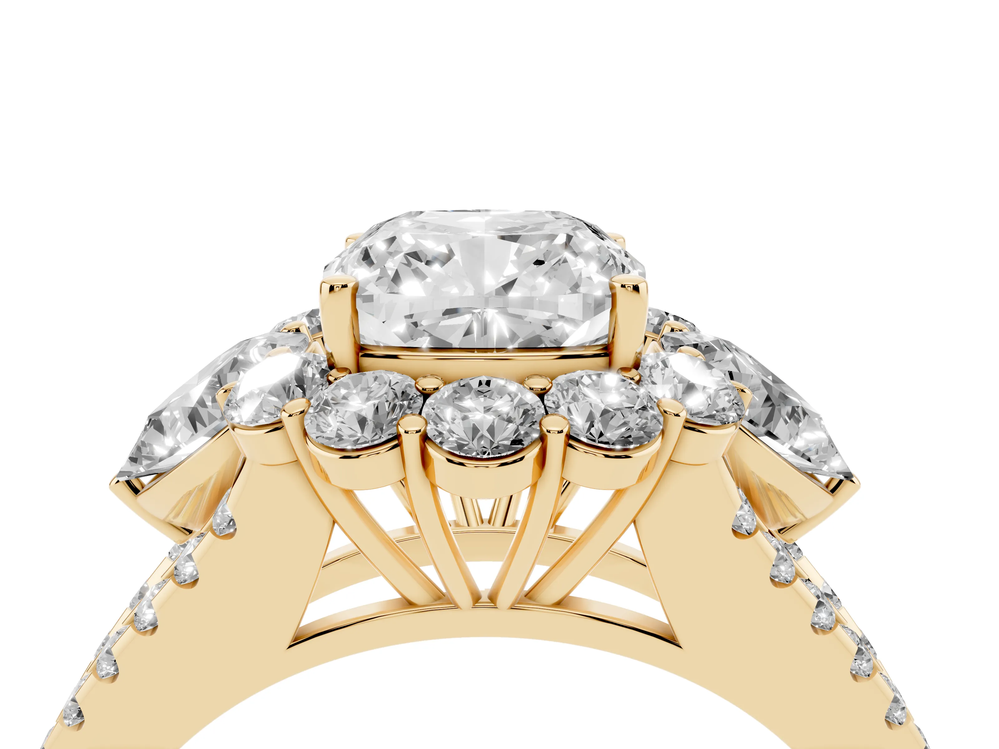 Cushion Cut Diamond Halo Split Shank Engagement Ring Set in Yellow gold with Prong-Held Center Stone