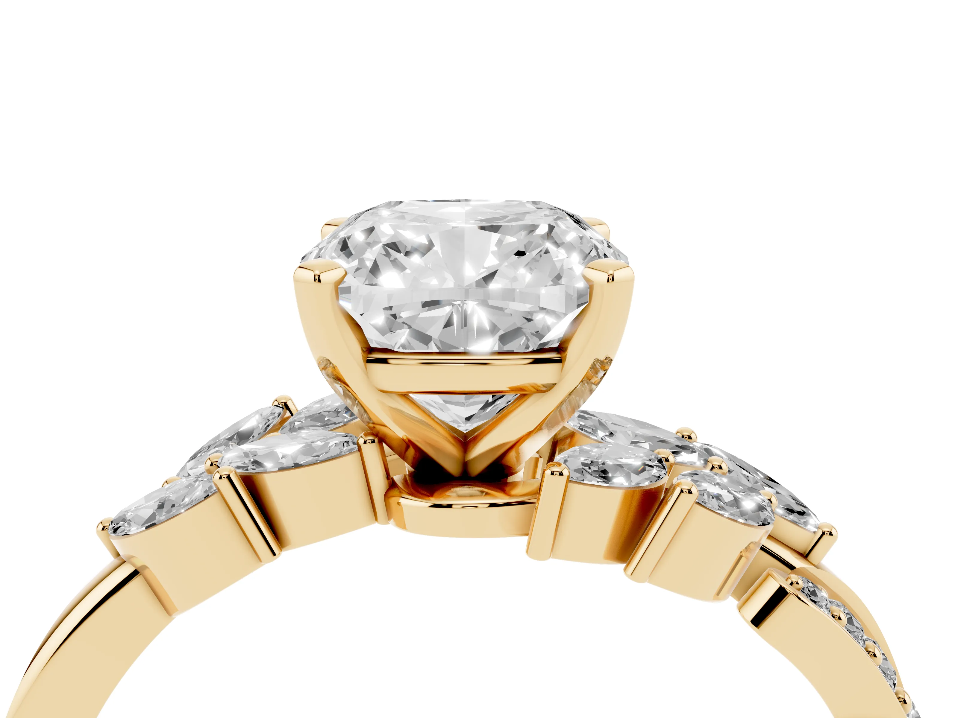 Cushion Cut Diamond Solitaire Ring Set in Yellow gold with Marquise Twist Band and Prong Setting