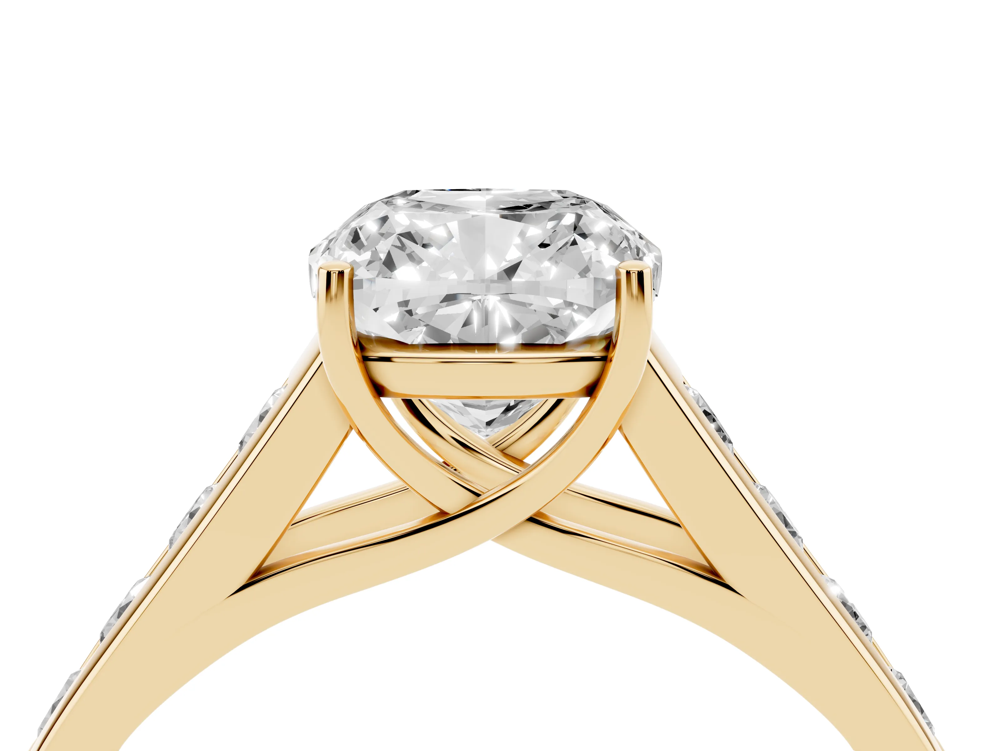 Cushion Cut Diamond Brilliant Channel-Set Solitaire Ring Set in Yellow gold with Prong Setting