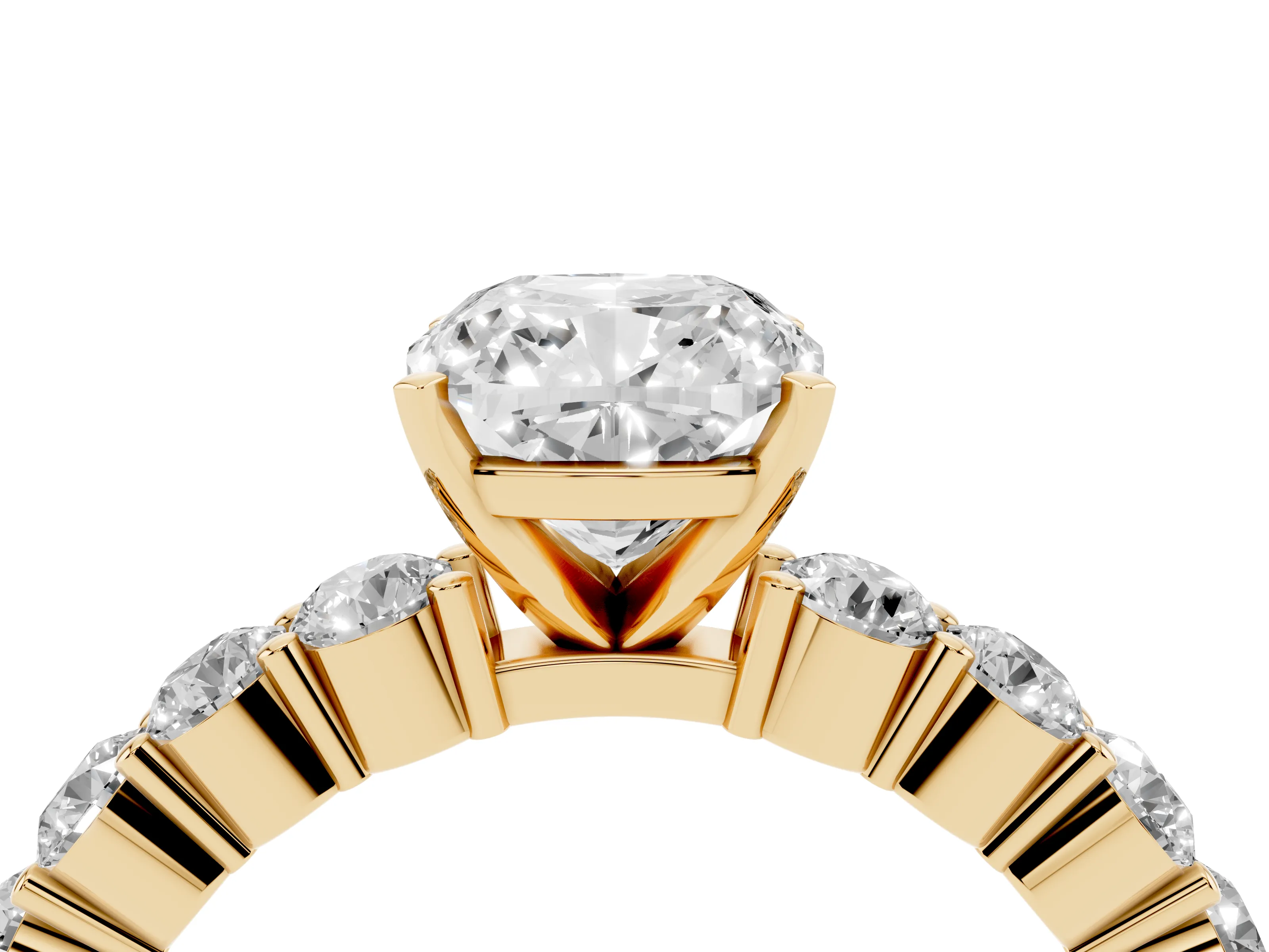 Cushion Cut Diamond Solitaire Ring Set in Yellow gold with Shared Prong Round Side Stones