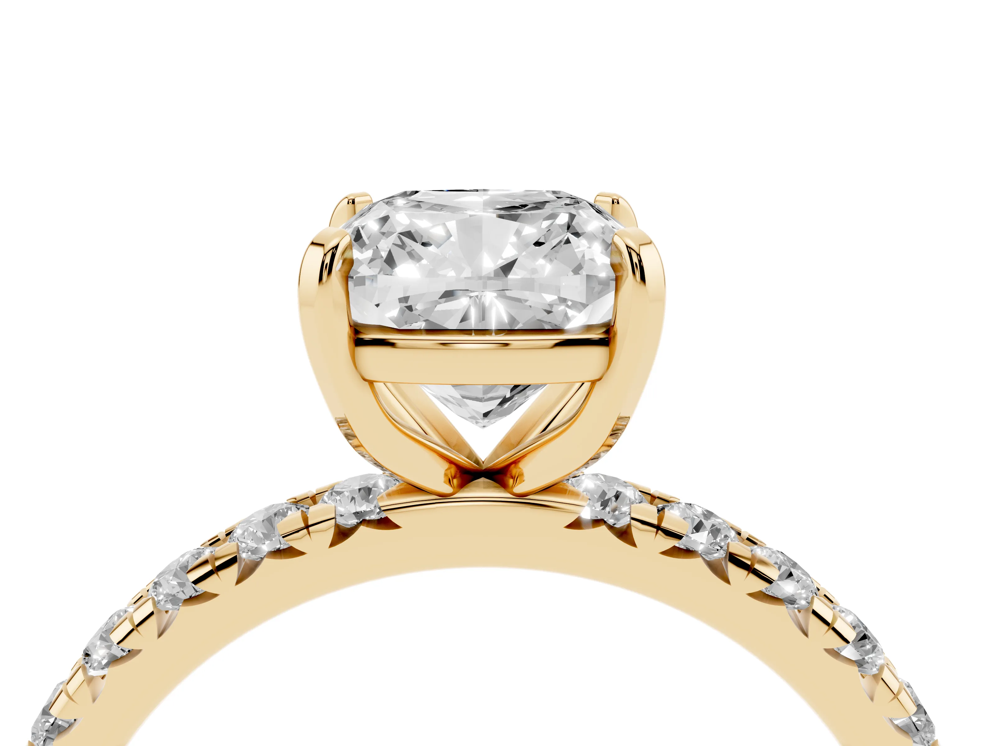 Cushion Cut Diamond Pavé Solitaire Ring Set in Yellow gold with Round Band and Prong Setting