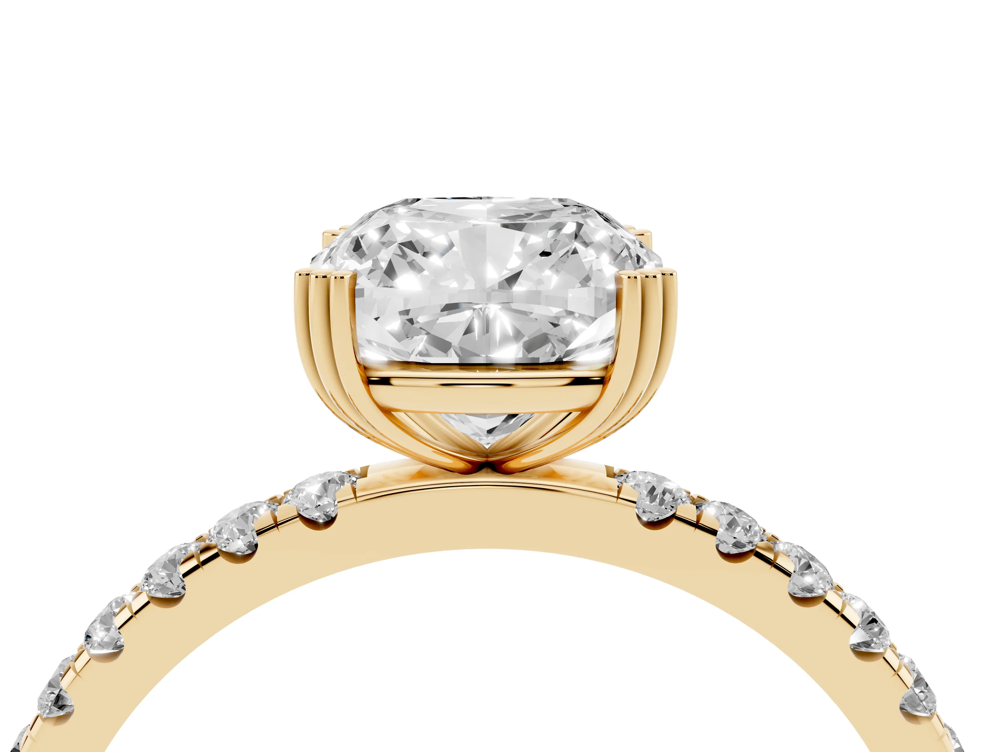 Cushion Cut Diamond Brilliant Solitaire Set in Yellow gold with Pavé Band and Claw Prong Setting