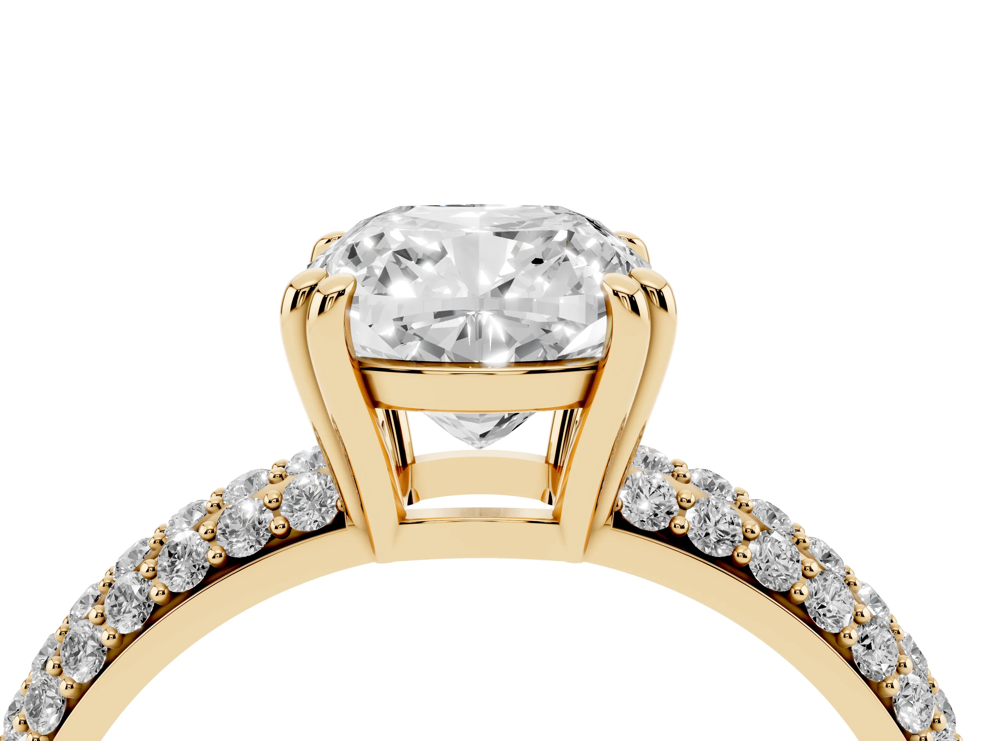 Cushion Cut Diamond Solitaire Ring Set in Yellow gold with Multi-Row Round Pavé Band and Prong Setting